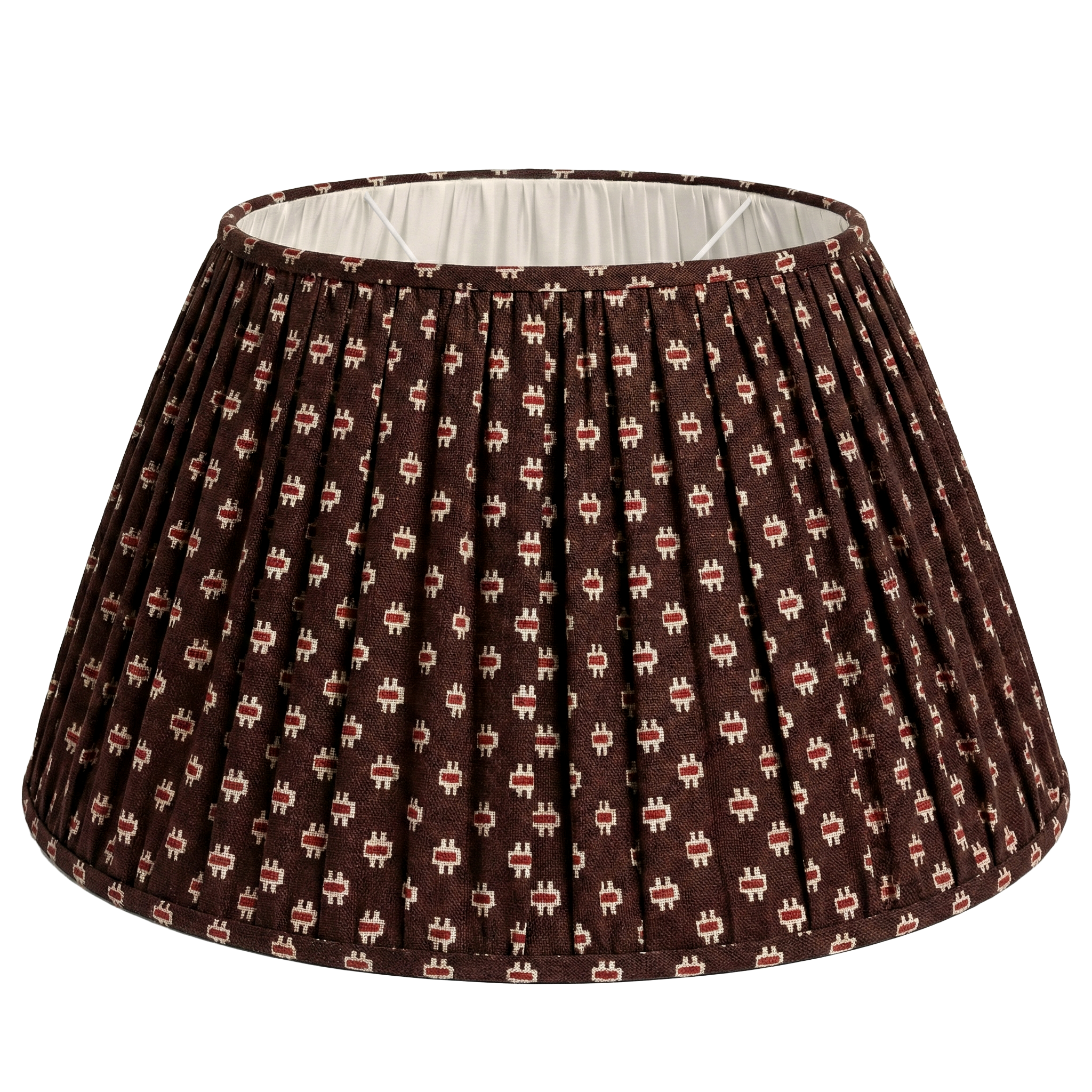 Catti Litke bespoke fabric lampshade in Scarab Loam; a small-scale geometric pattern based on a 19th-century Massachusetts postage stamp quilt, printed on 100% natural linen.