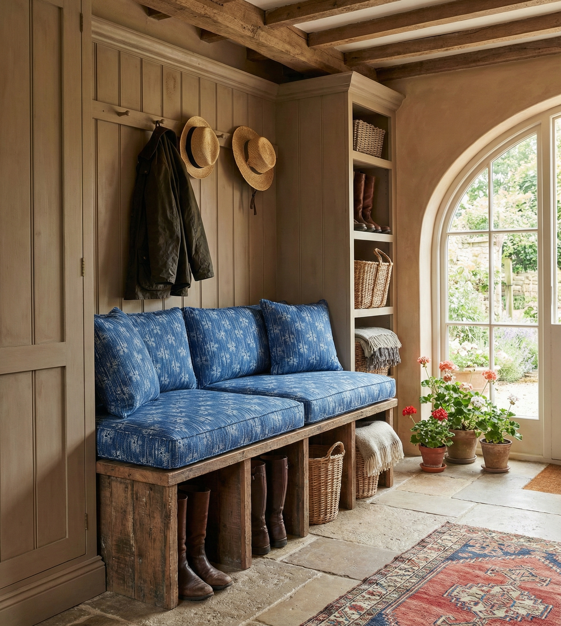 Custom bench upholstery featuring Catti Litke Cora Dusk archival American folk print, , blending quirky English style with archival textile motifs.