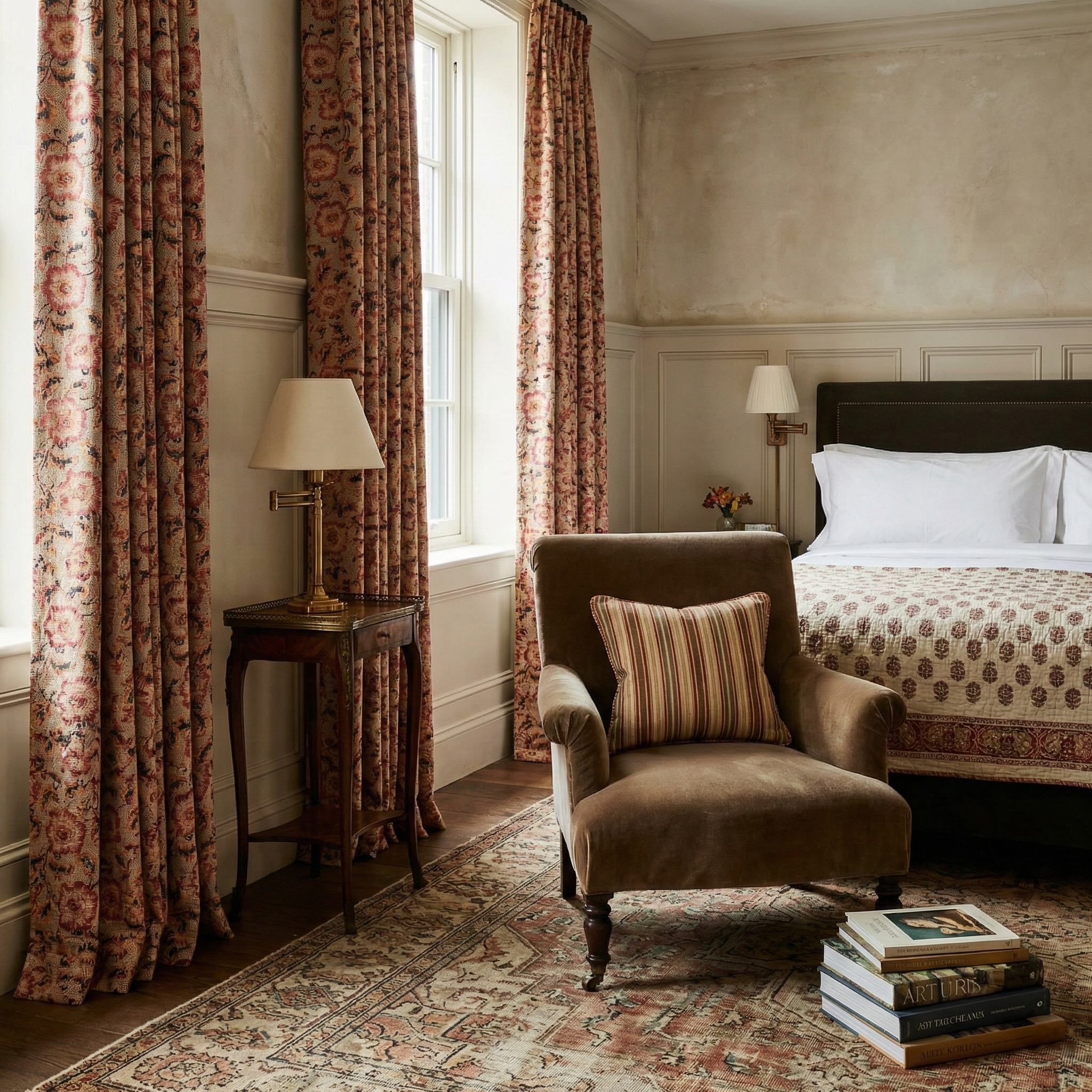 Custom drapery featuring Catti Litke Sakai Chintz Ume historical floral pattern in a high-end interior design project.