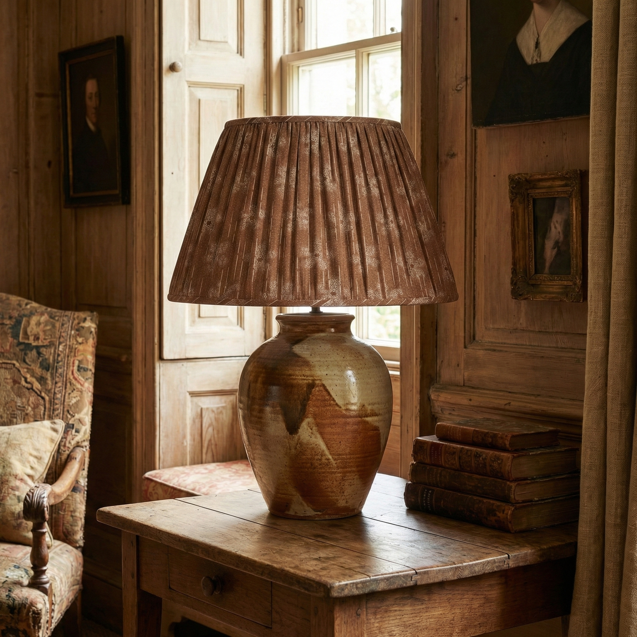 Bespoke Cora Marmelo fabric lampshade styled on a vintage table lamp in a fresh traditional living room, highlighting the modernist folk pattern and warm, layered aesthetic.
