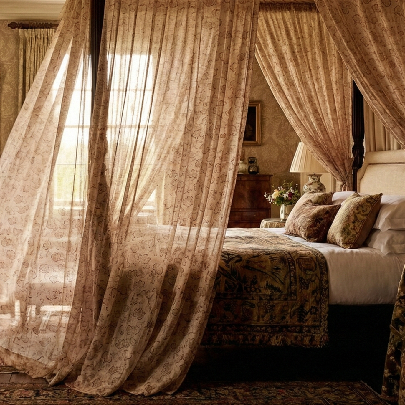 Sophisticated bedroom with custom Kiri Hay linen drapery, blending historical Boro heritage with the quiet charm of modern artisanal design.