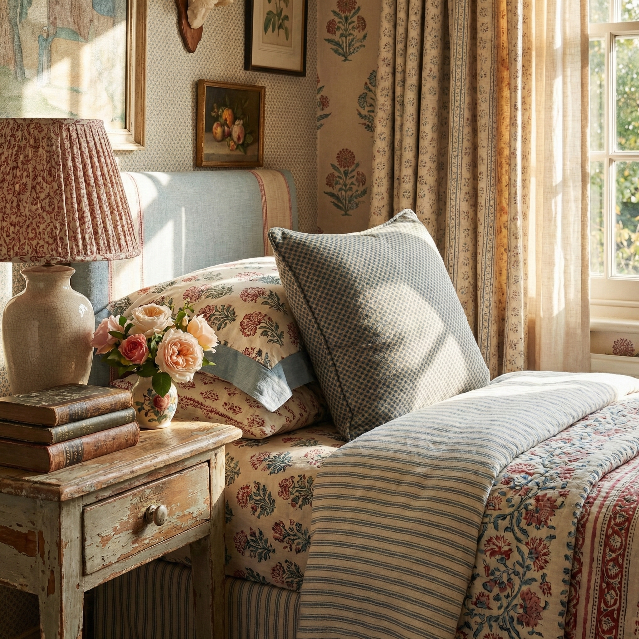 Custom bed pillow in Mizu Lawn archival print fabric; a "hero fabric" that adds a sense of history and quiet charm to high-end interiors.