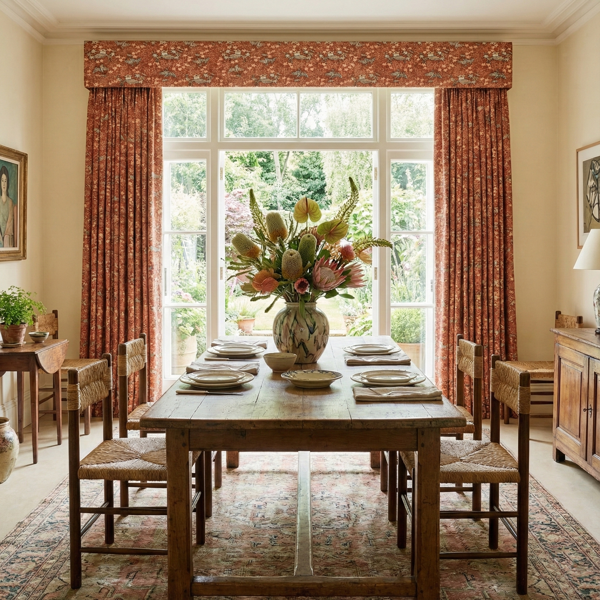 Custom window drapery featuring Catti Litke Akasarasa Rust archival bird print for high-end interior design.