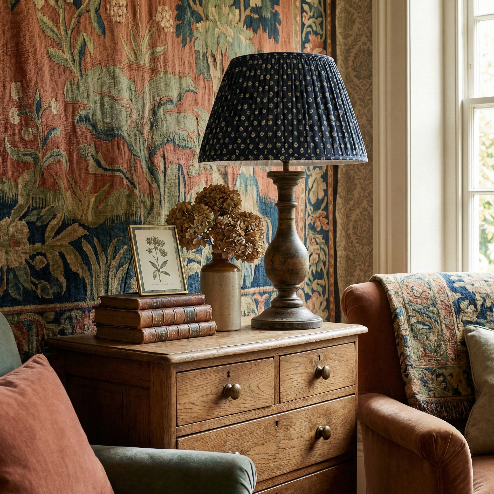 Custom Scarab Navy lampshade styled in a refined library or study, showing how the archival American folk pattern adds a "collected" layer to high-end interiors.