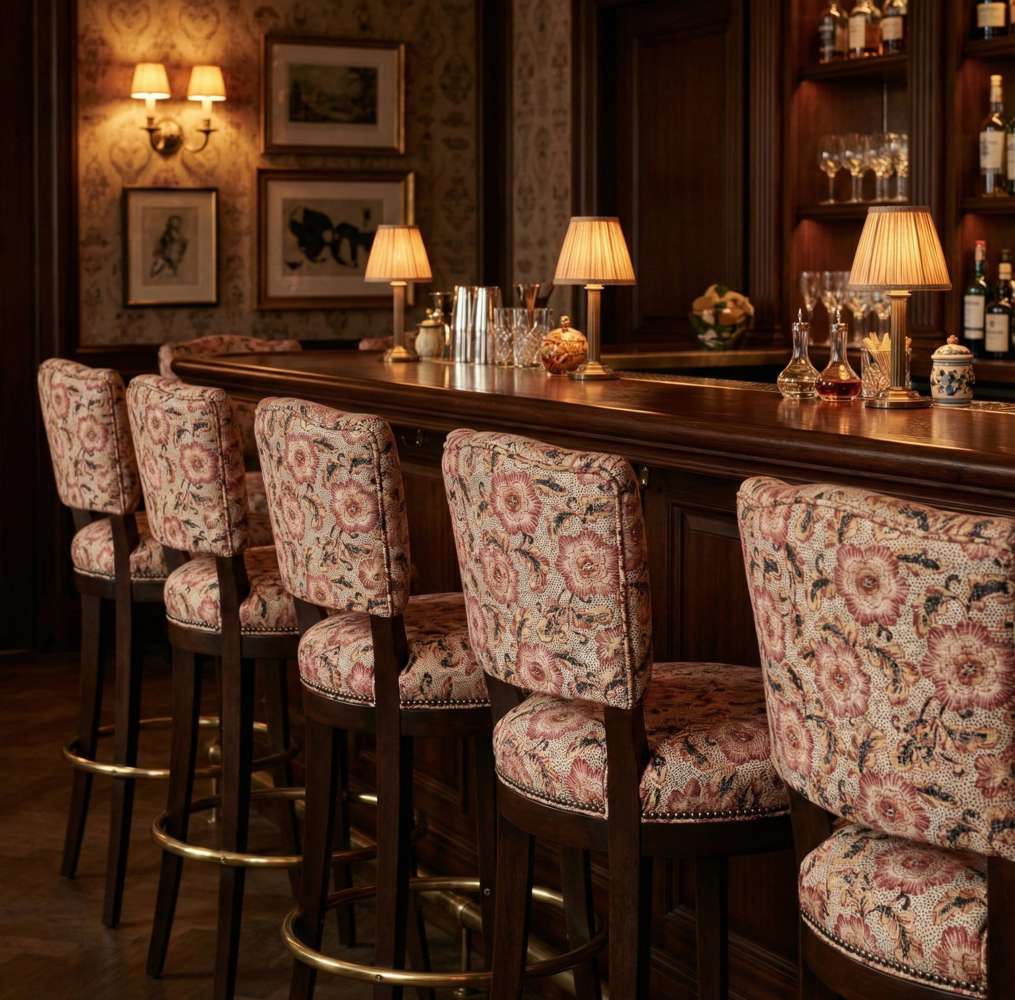 Luxury hotel bar interior featuring Catti Litke Sakai Chintz Ume floral fabric as custom barstool upholstery.