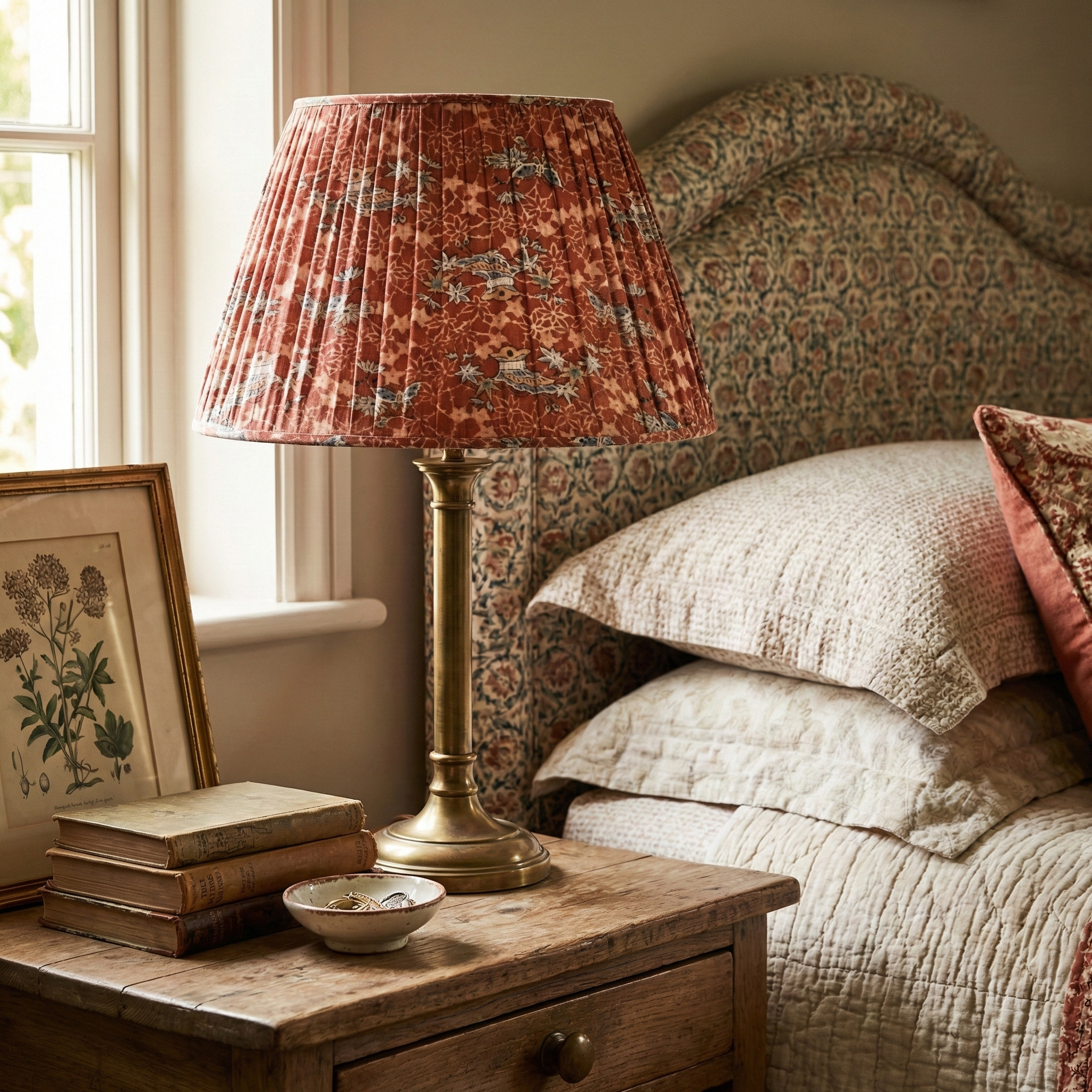 Luxury bedroom interior featuring a Catti Litke Akasarasa Rust lampshade, adding a "fresh traditional" layer and quiet charm to a bespoke residential project.