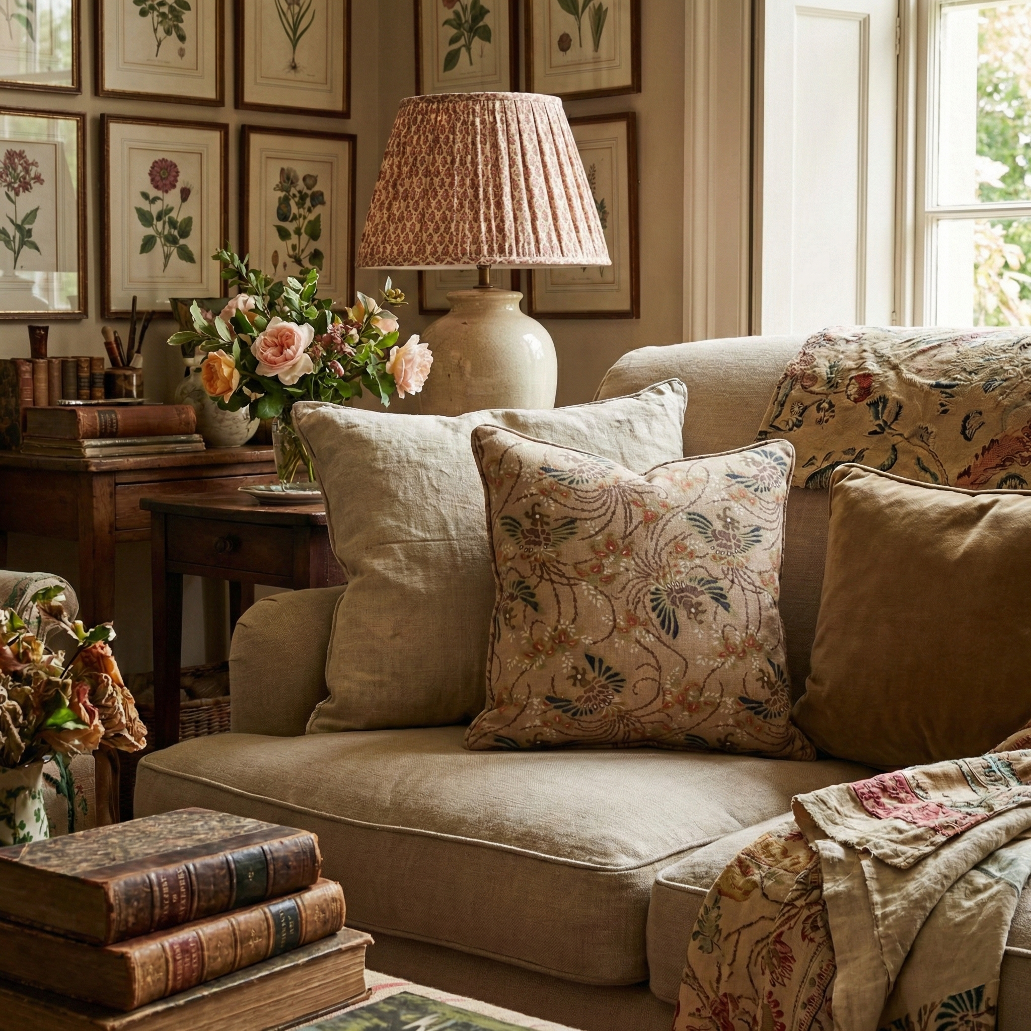 Custom decorative pillows in Catti Litke Katazome Flax archival print linen for high-end interior design projects.