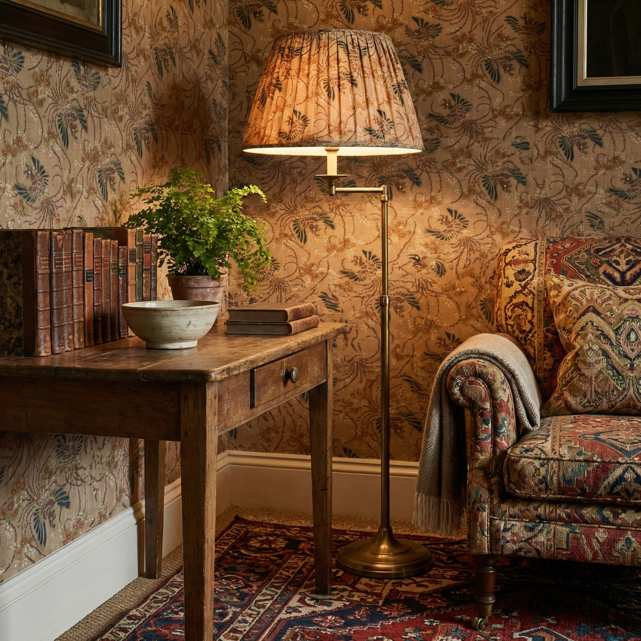 Bespoke Katazome fabric lampshade styled on an antique lamp base in a fresh traditional living room, highlighting the layered aesthetic and archival Japanese heritage.