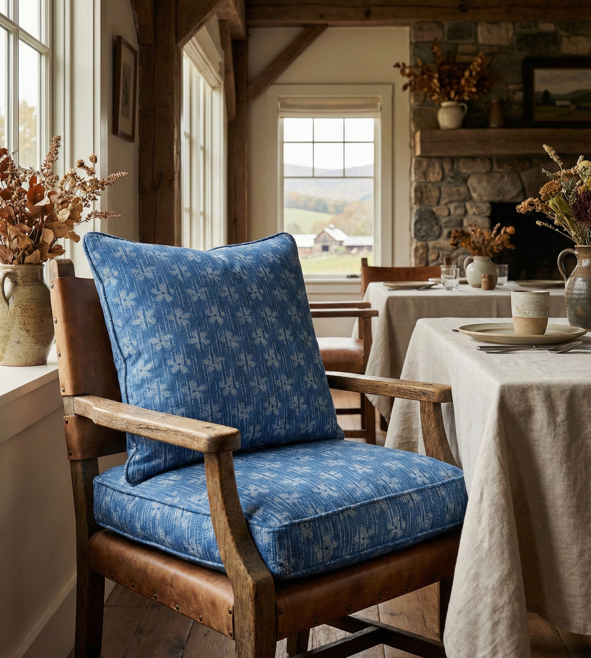 Bespoke chair pillows in Catti Litke Cora Dusk modernist folk fabric within a curated, fresh modern restaurant featuring layered antiques.