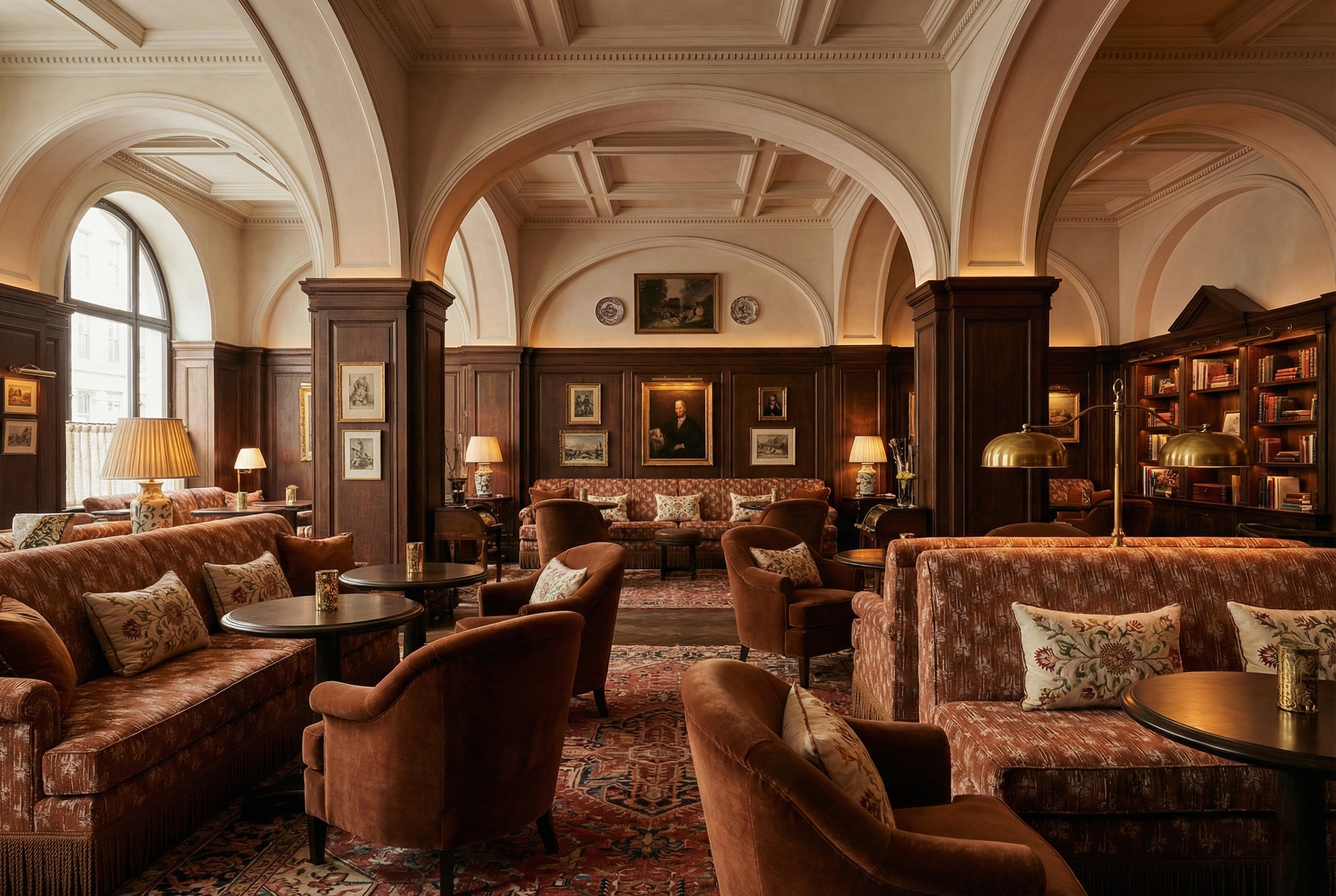 Luxury hobby lobby interior featuring Cora Marmelo modernist folk fabric as chair upholstery, printed in CT for professional trade projects.