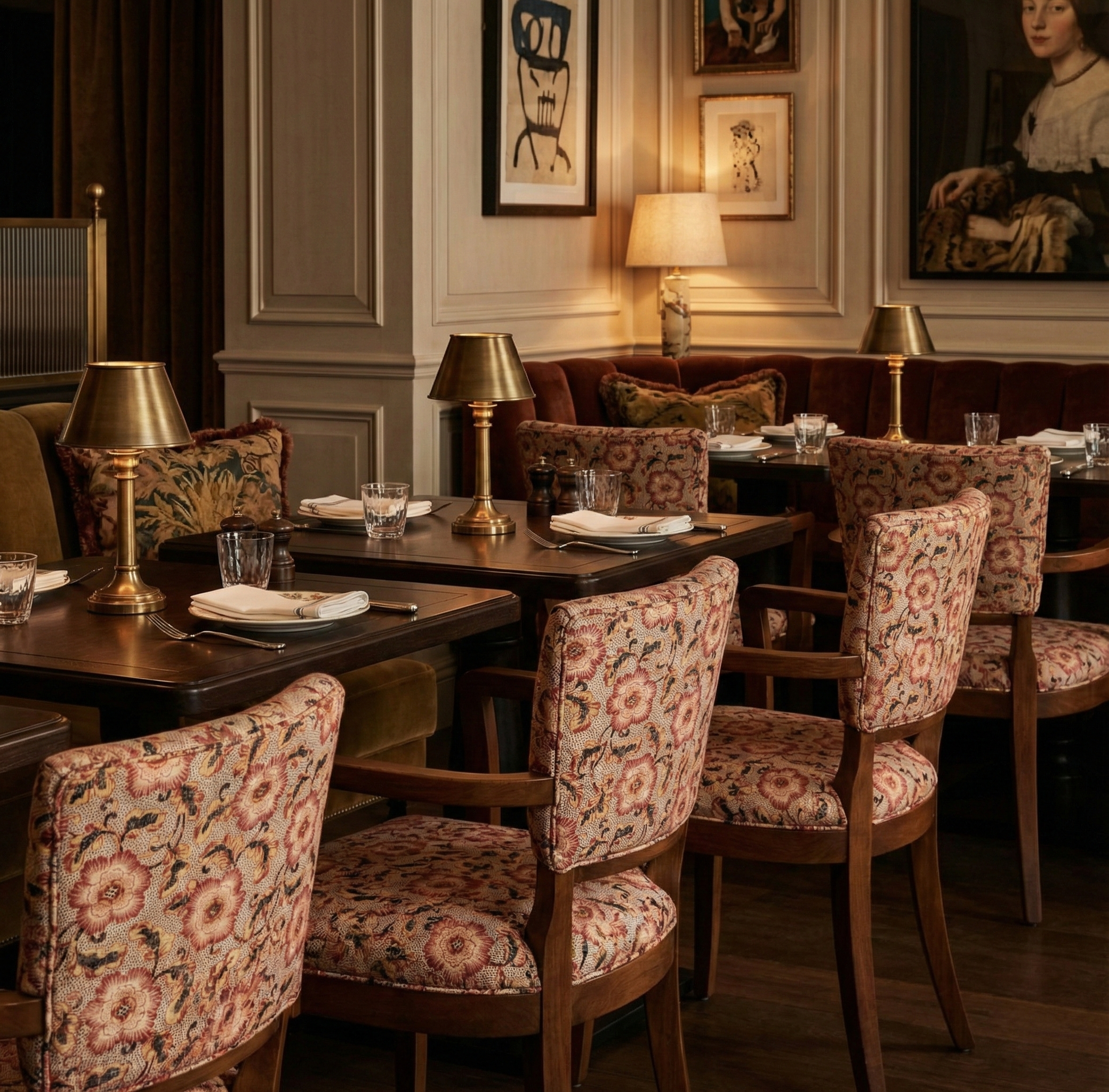 Luxury restaurant interior featuring Catti Litke Sakai Chintz Ume floral fabric as custom chair upholstery.