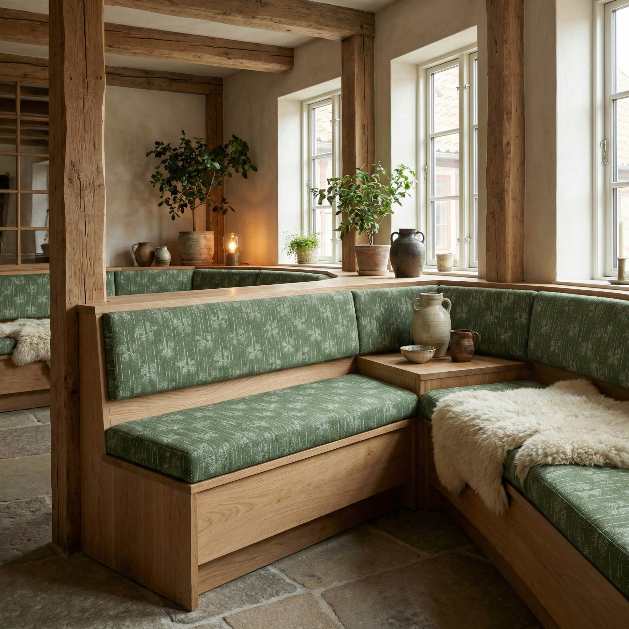 Luxury minimalist hotel lobby interior featuring Cora Dillweed modernist folk fabric as chair cushions, ; a "hero fabric" for fresh interior design schemes.