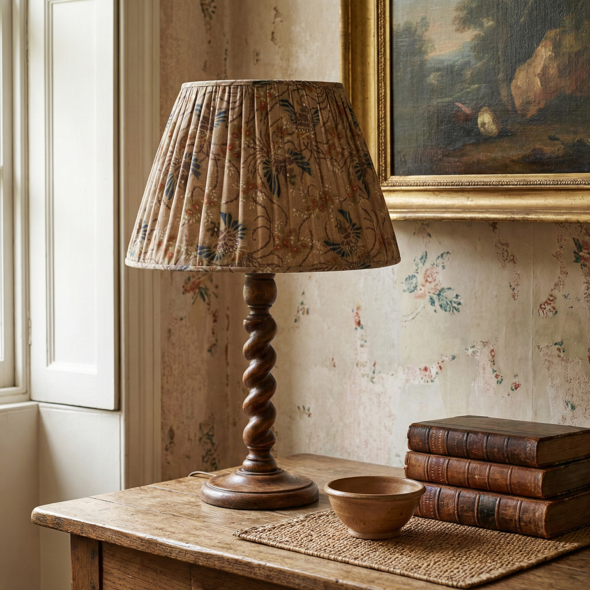 Sophisticated living room interior featuring a Catti Litke Katazome lampshade, adding a sense of quiet charm and intellectual provenance to a bespoke residential project.