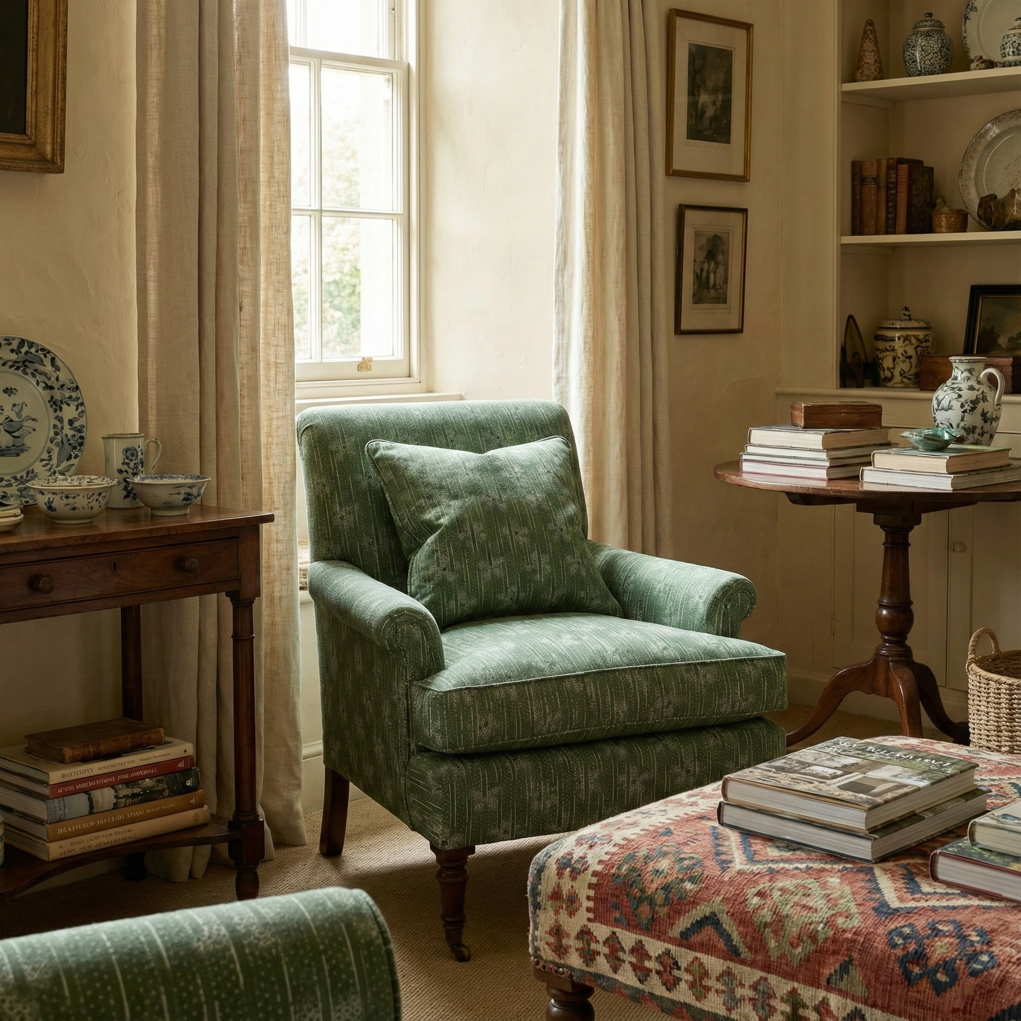 Romantic living room featuring custom upholstery in Catti Litke Cora Dillweed linen fabric, blending American folk motifs with a transportive, layered aesthetic.