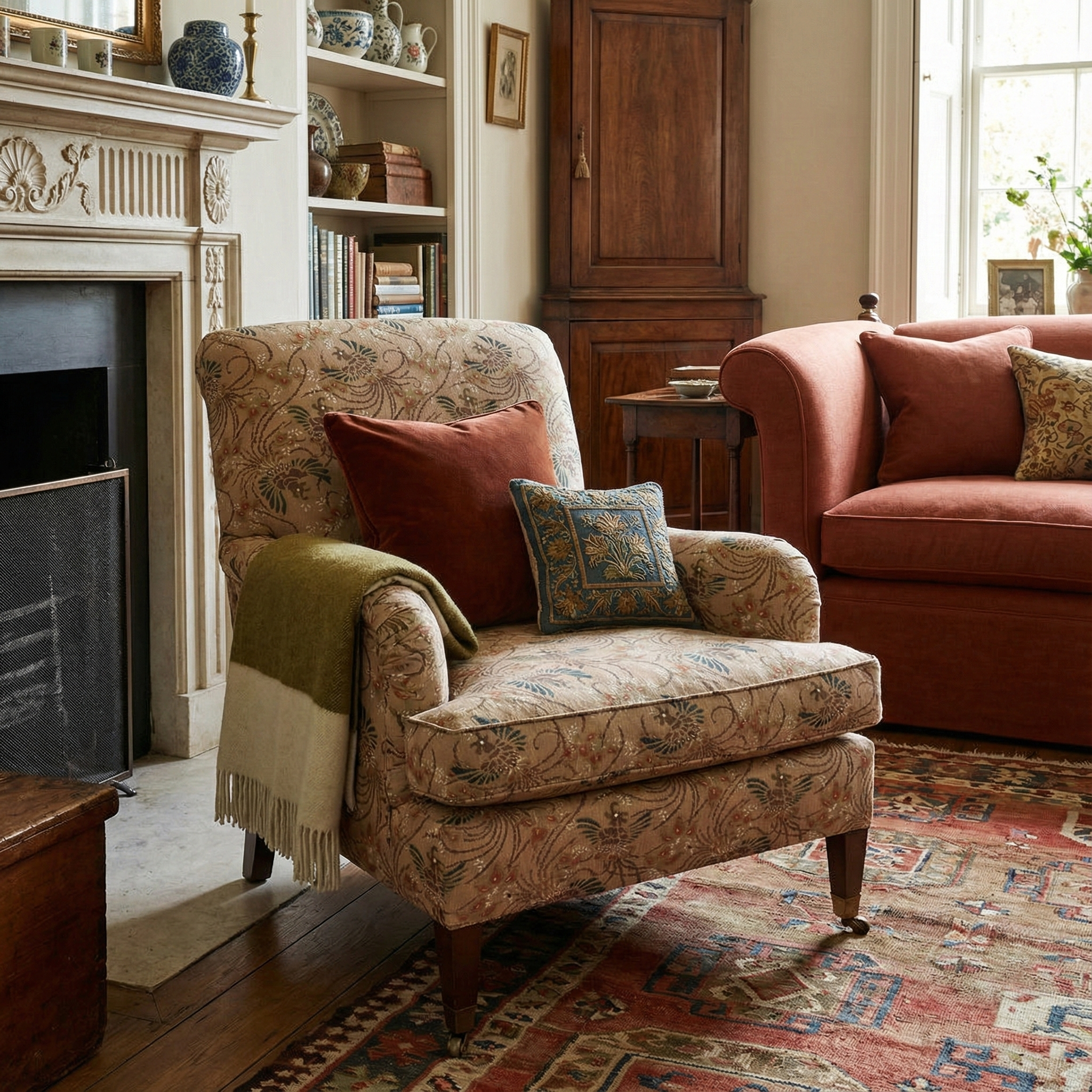 Luxury furniture upholstered in Catti Litke Katazome Flax hand-printed linen in a professional designer showroom setting.
