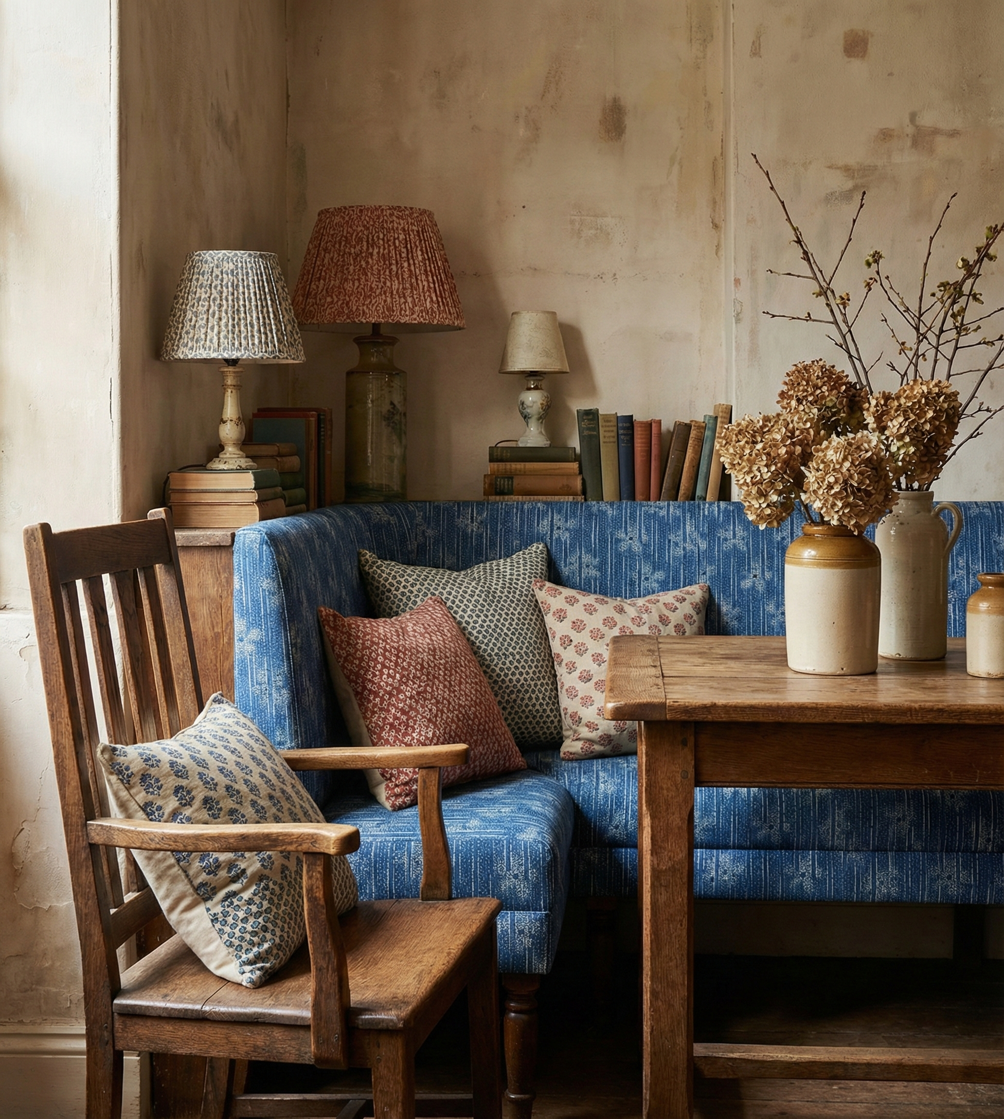 Bespoke banquette in Catti Litke Cora Dusk modernist folk fabric within a curated, fresh modern dining room featuring layered antiques.