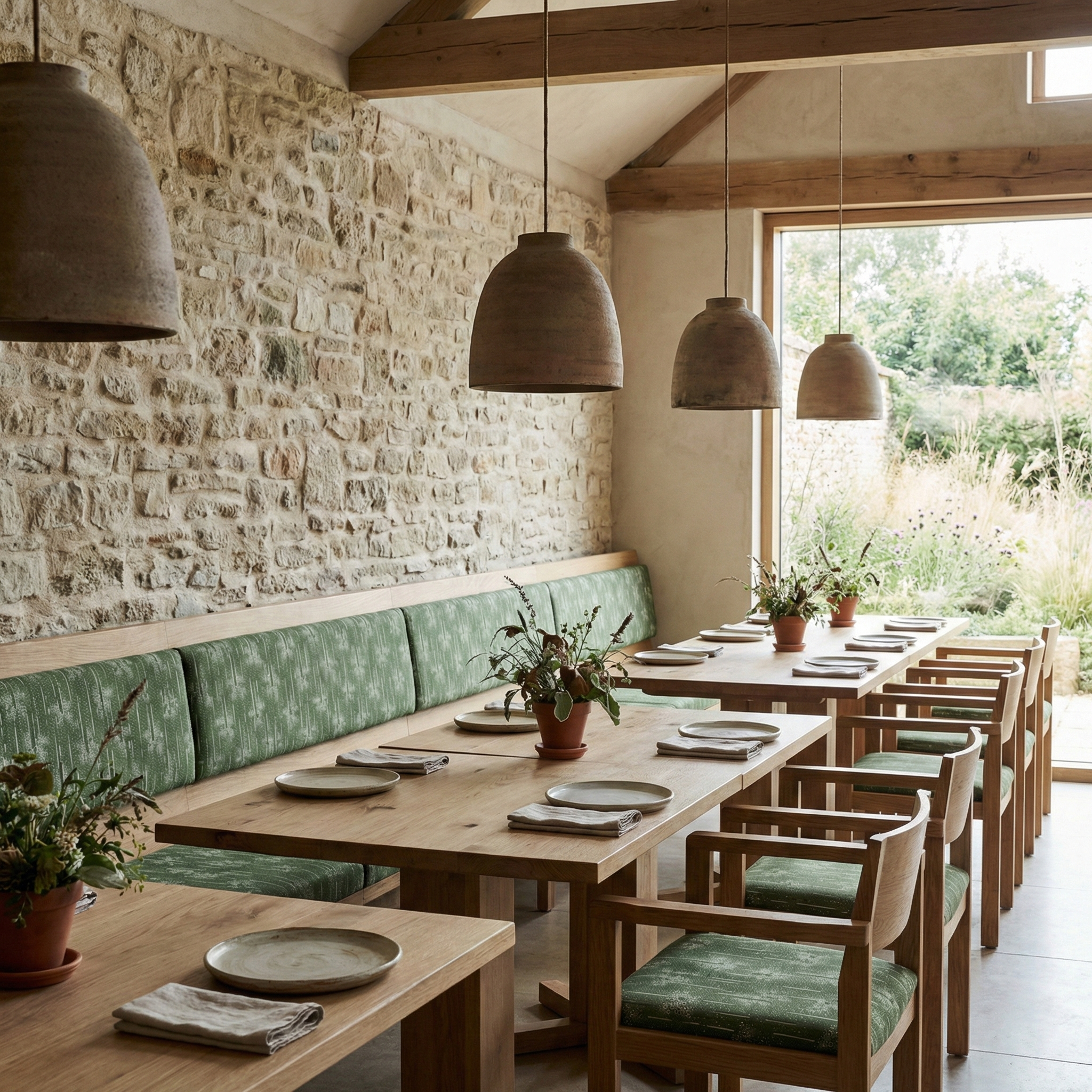 Luxury Scandinavian restaurant interior featuring Cora Dillweed modernist folk fabric as upholstery, highlighting the modern aesthetic valued by high-end designers.