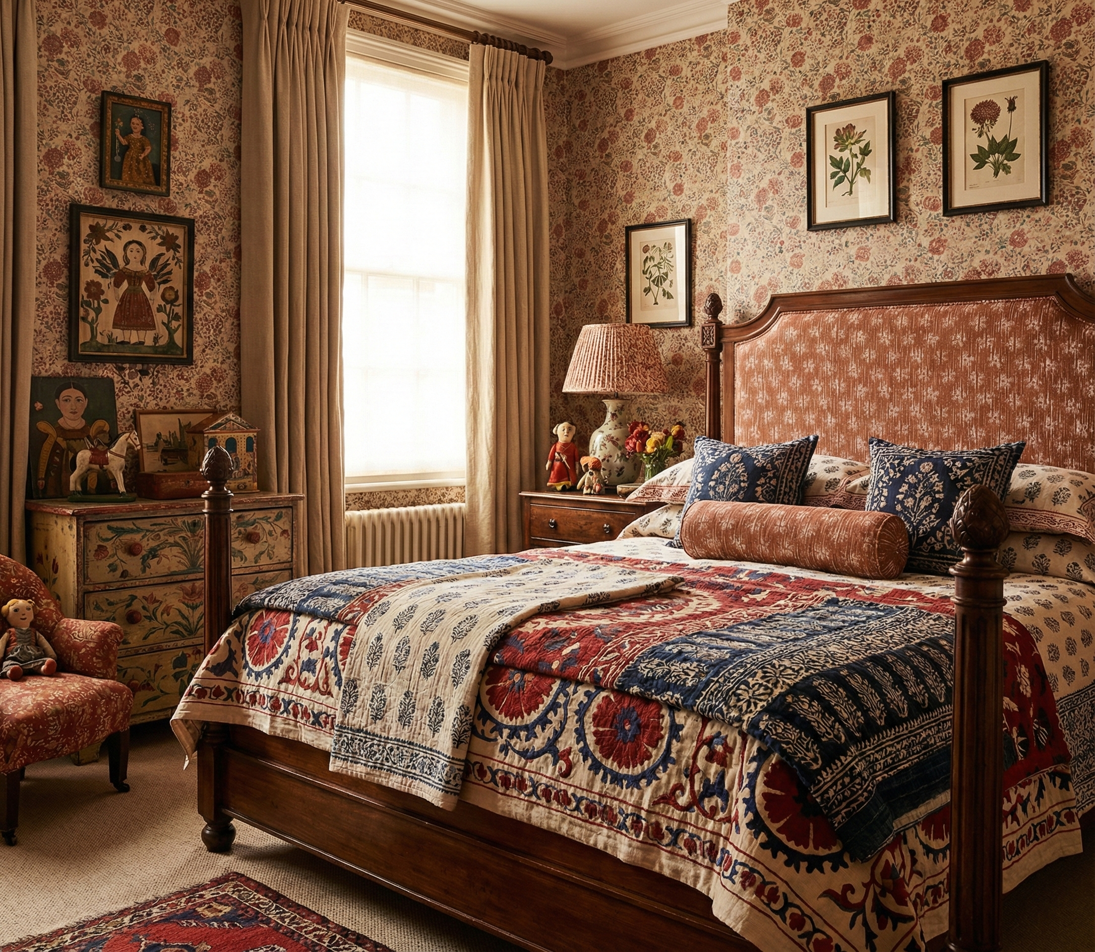 Bespoke headboard in Cora Marmelo modernist folk fabric within a curated, fresh traditional bedroom featuring layered antiques.
