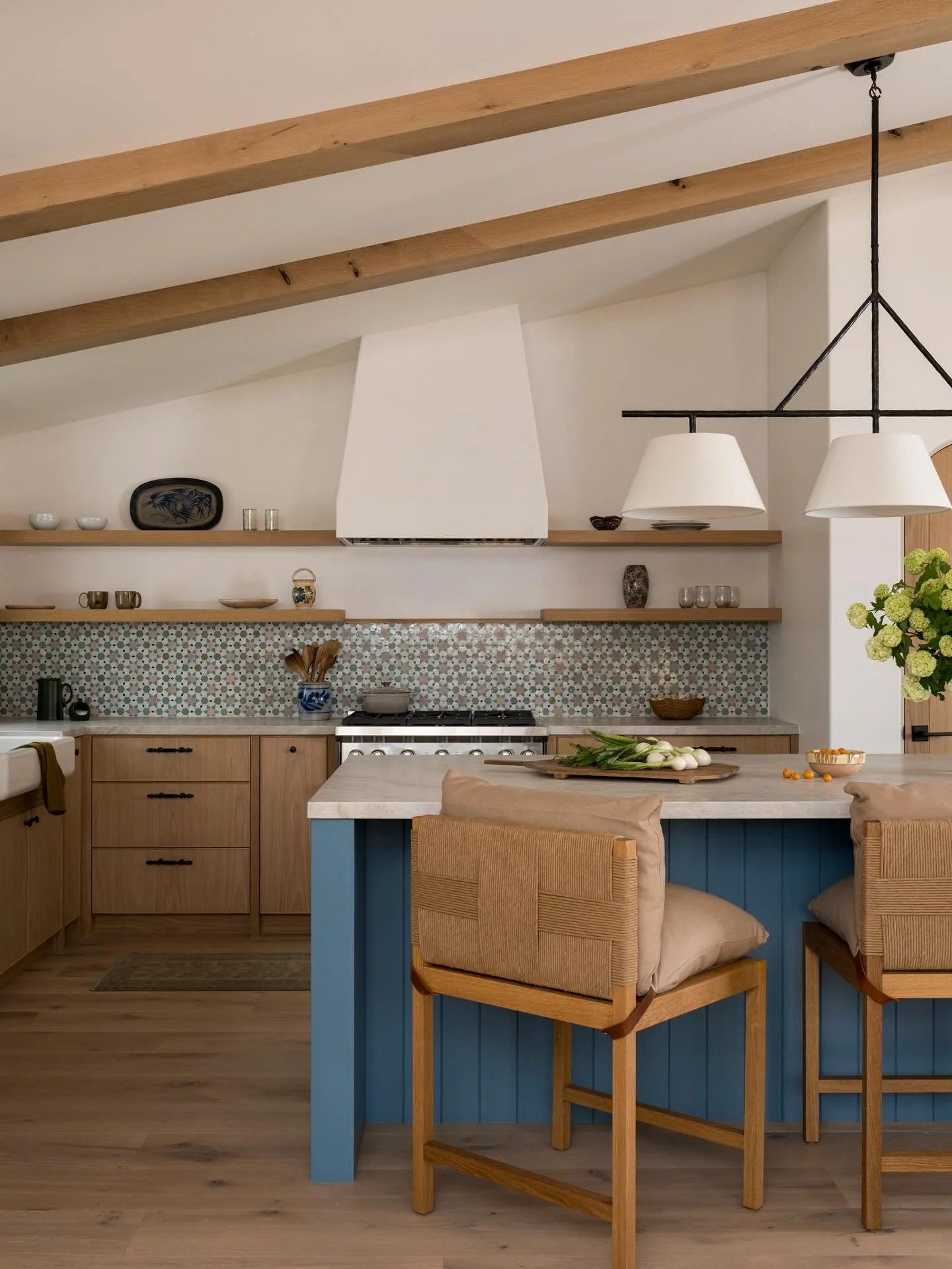 The blue that inspired much of our kitchen palette&hellip; &ldquo;Alfresco&rdquo; by Benjamin Moore. There are many blue kitchens and blue islands out there, but this hue is a bit punchier, a little more playful, and matched our mosaic backsplash jus