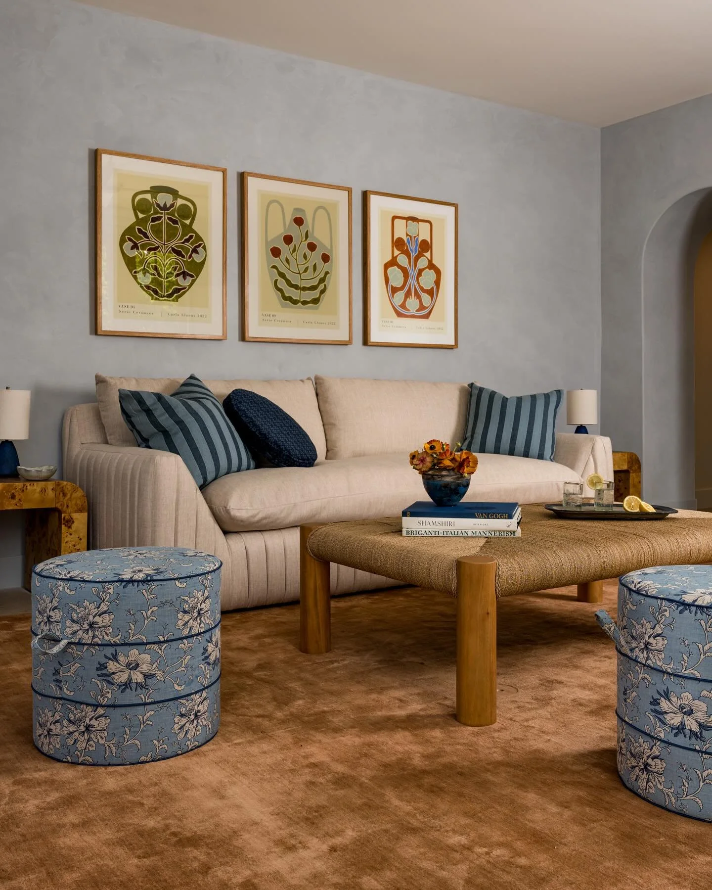 The pool room at our Canyon project is layered with color and pattern. It&rsquo;s also clad in kid-appropriate selections for wet feet and such. We plastered the walls in a powdery blue adding personality and connecting back to the den where we also 