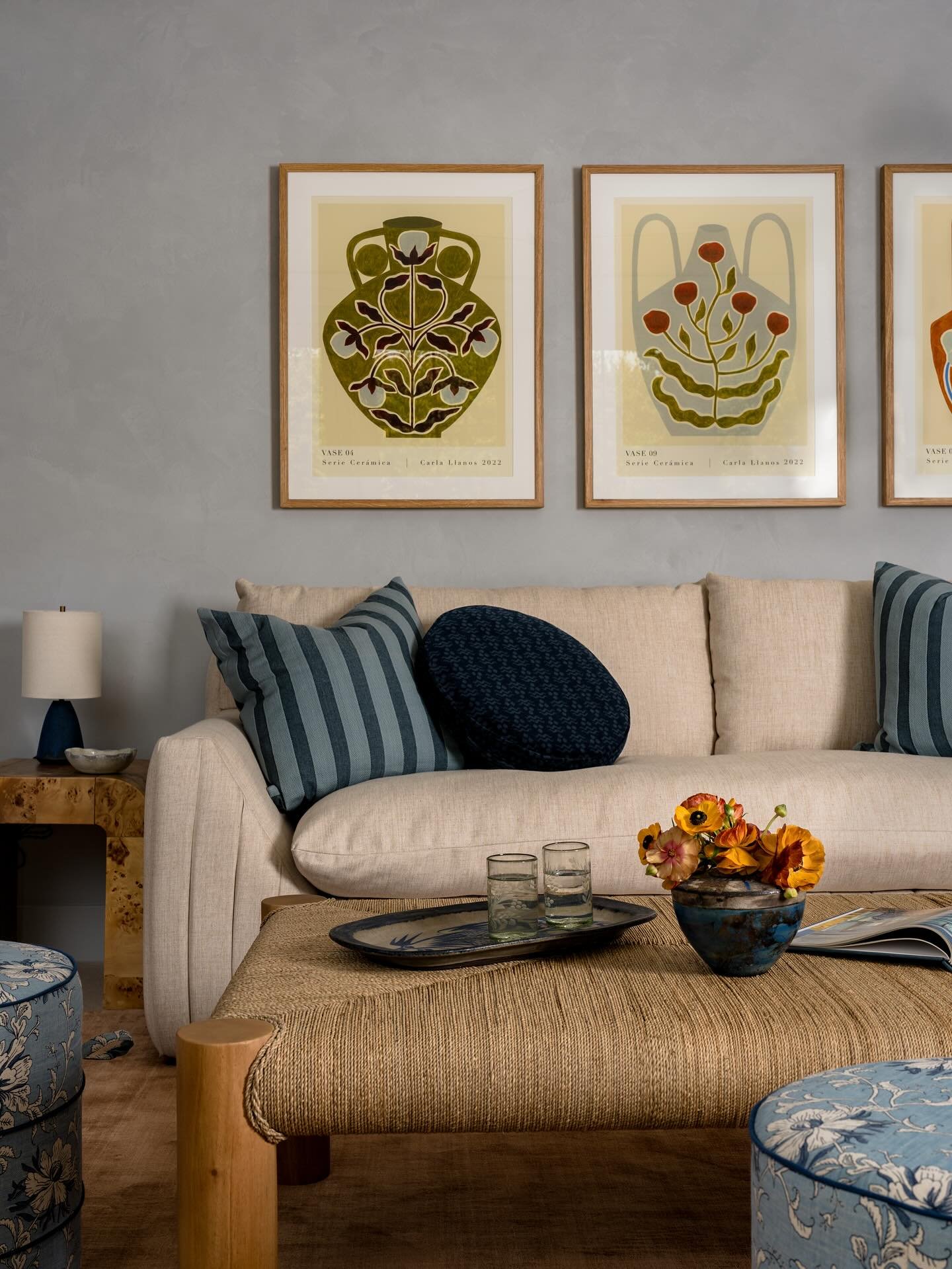 Corners of the pool room at our Canyon project. We plastered the walls in a cornflower blue for a playful backdrop for furnishings. The space serves as a casual hangout for kids and adults alike, with nothing too precious but still thoughtfully desig