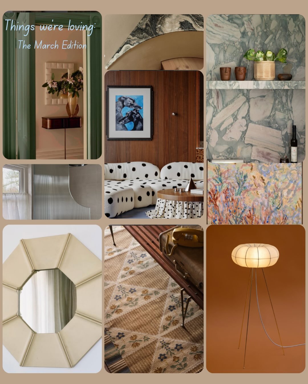 Things we&rsquo;re loving, the March edition&hellip;.

1/@namu.bureau 
2/@studioclaudchristian
3/ @amywrightstudio
4/ @carlasofiemolge
5/@ariastonegallery
6/@studiotaliroth
7/@zakandfox
8/@zacharyfrankel_
9/@hamishvince