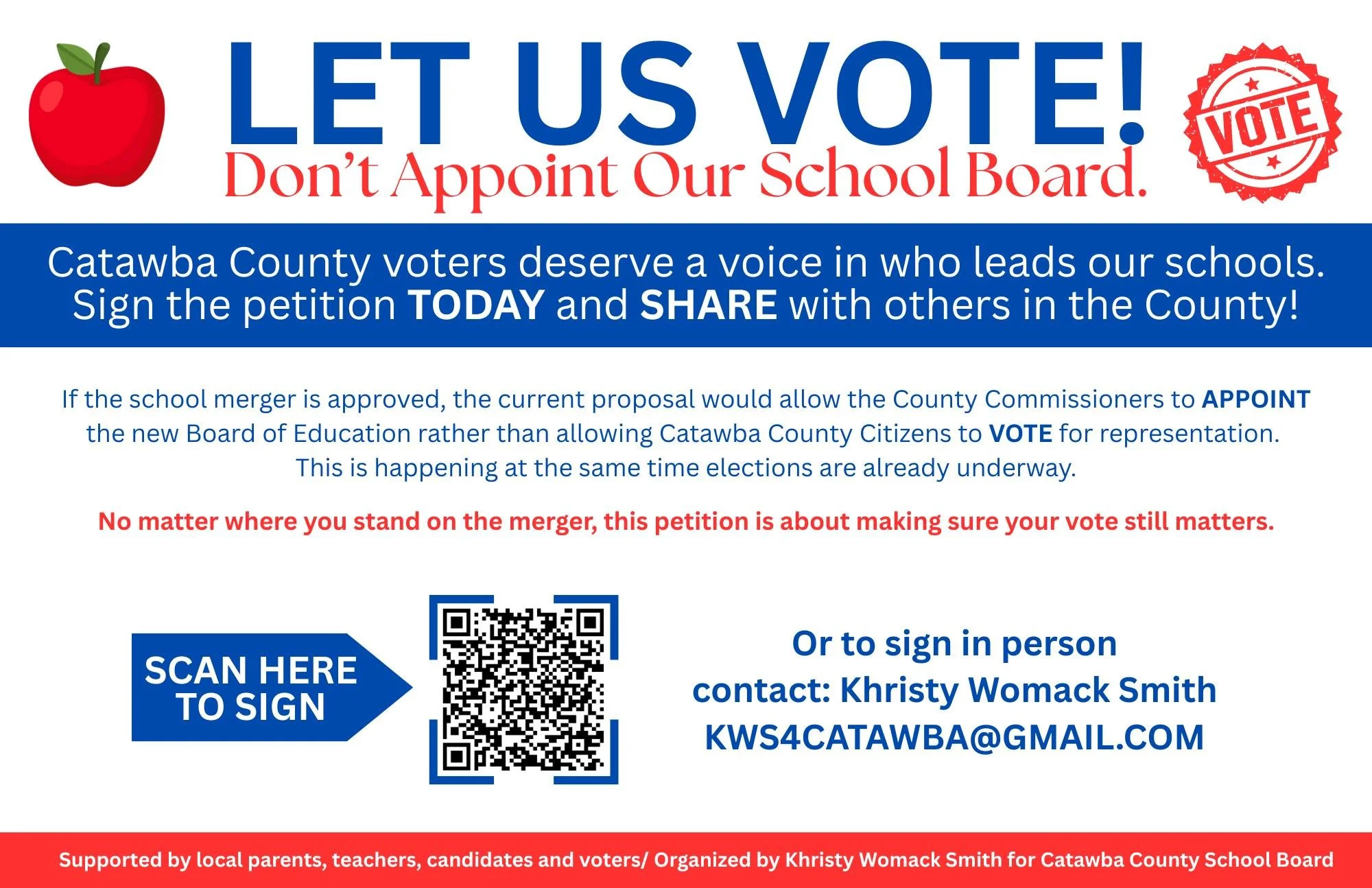 I grew up in our local public schools. They shaped who I am, and who so many of us are.

So when I heard that the Catawba County Commissioners are proposing to merge our three school systems and appoint a new board rather than let voters elect one, I