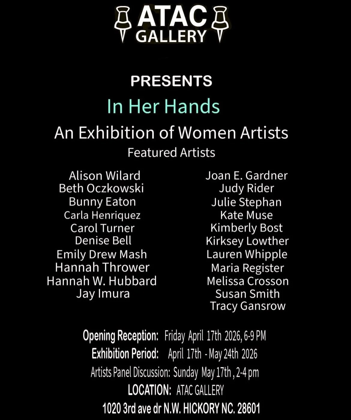 @atacgallery has an amazing exhibition opening this weekend! Join me after Pints with Park tomorrow for the opening reception of "In Her Hands: An Exhibition of Women Artists."