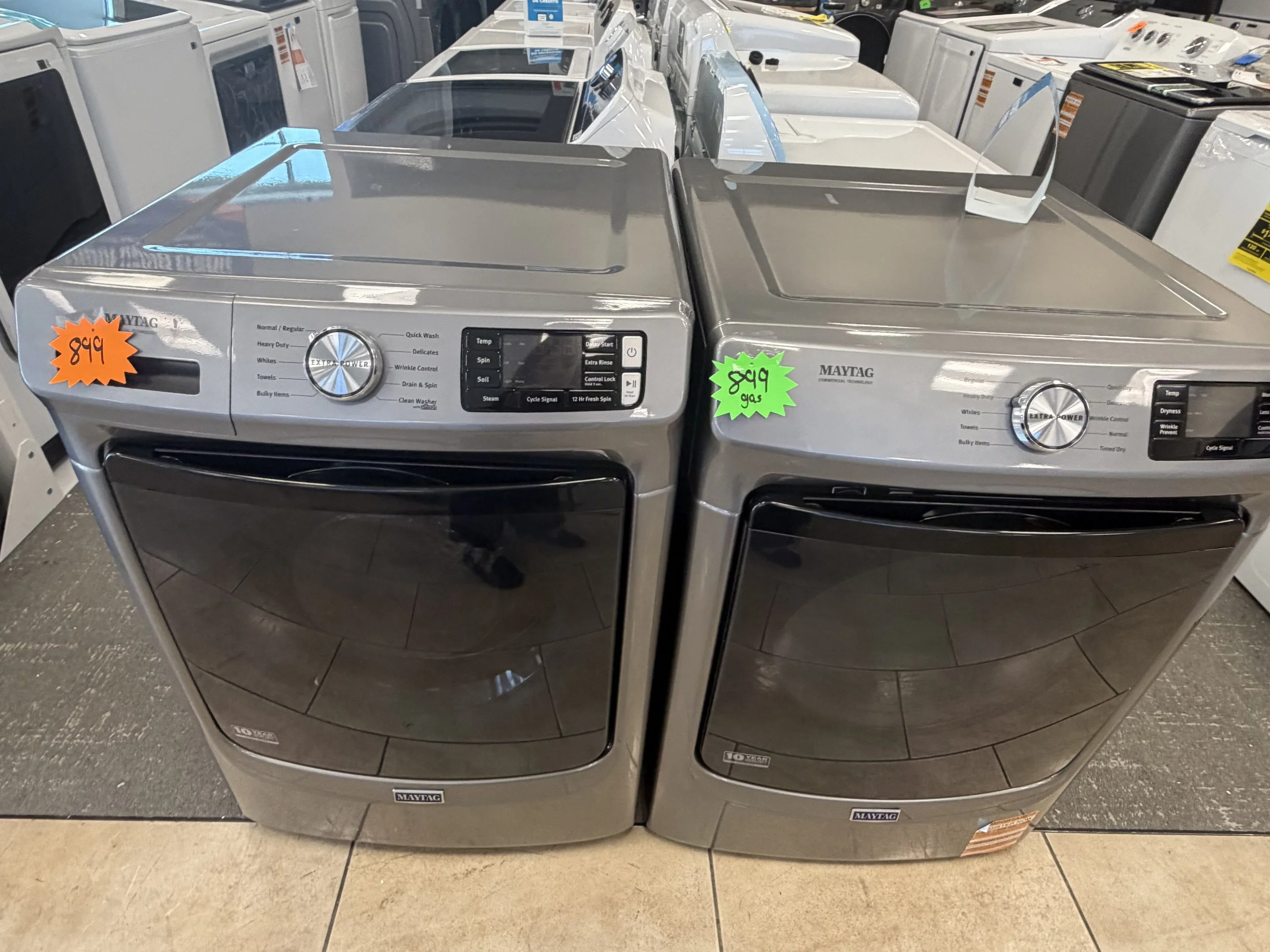 MAYTAG FRONT LOAD WASHER AND GAS DRYER