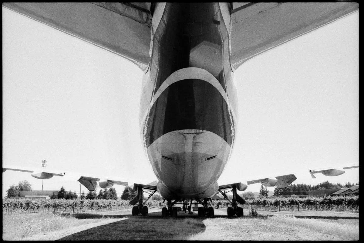 Black and white photo of a large commercial airplane seen from the front, parked on a grassy area with trees and small buildings in the background.