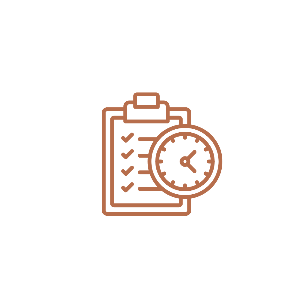 Icon of a checklist clipboard with a clock, representing efficiency, time management, and reliable compliance tracking.
