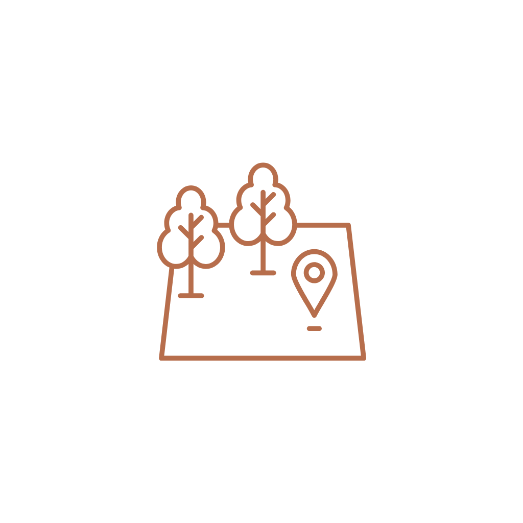 Icon of a plot of land with trees and a location pin, representing land documentation and property services.