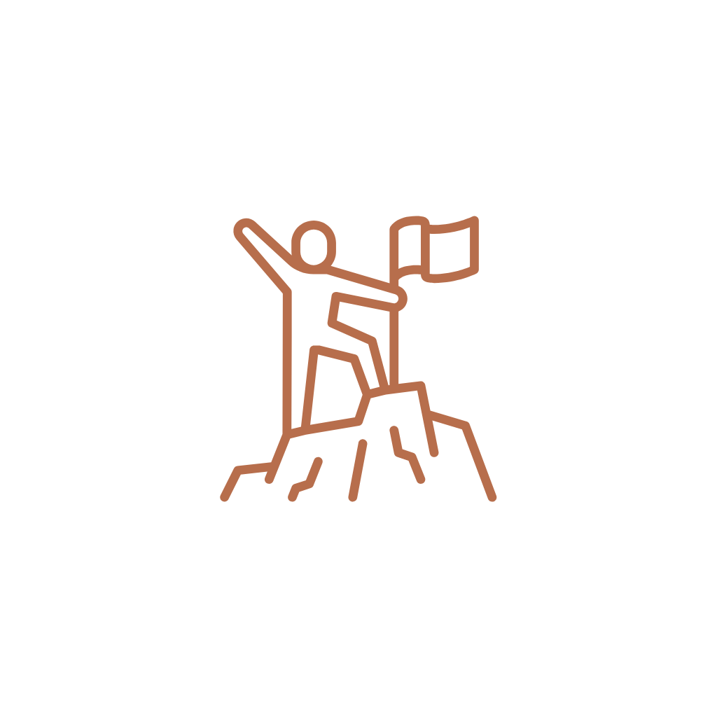 Icon of a person standing on a peak holding a flag, symbolizing success, achievement, and reaching business goals.