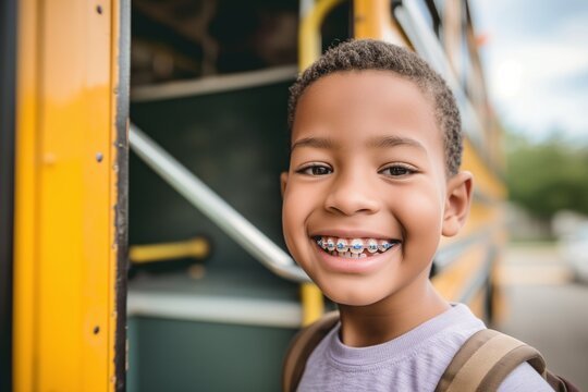 A young boy with braces smiling and standing near a yellow school bus.