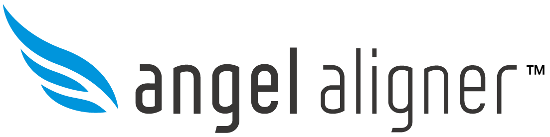AngelAligner logo with blue wing icon and black text on a white background.