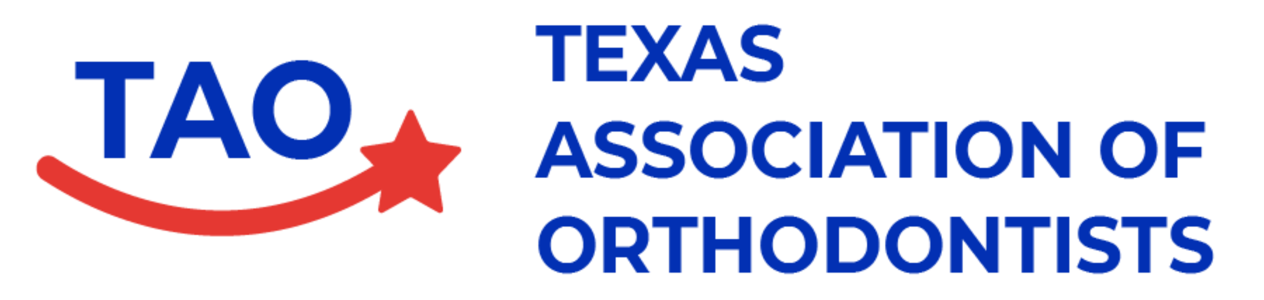 Logo of the Texas Association of Orthodontists featuring a red arrow and star.