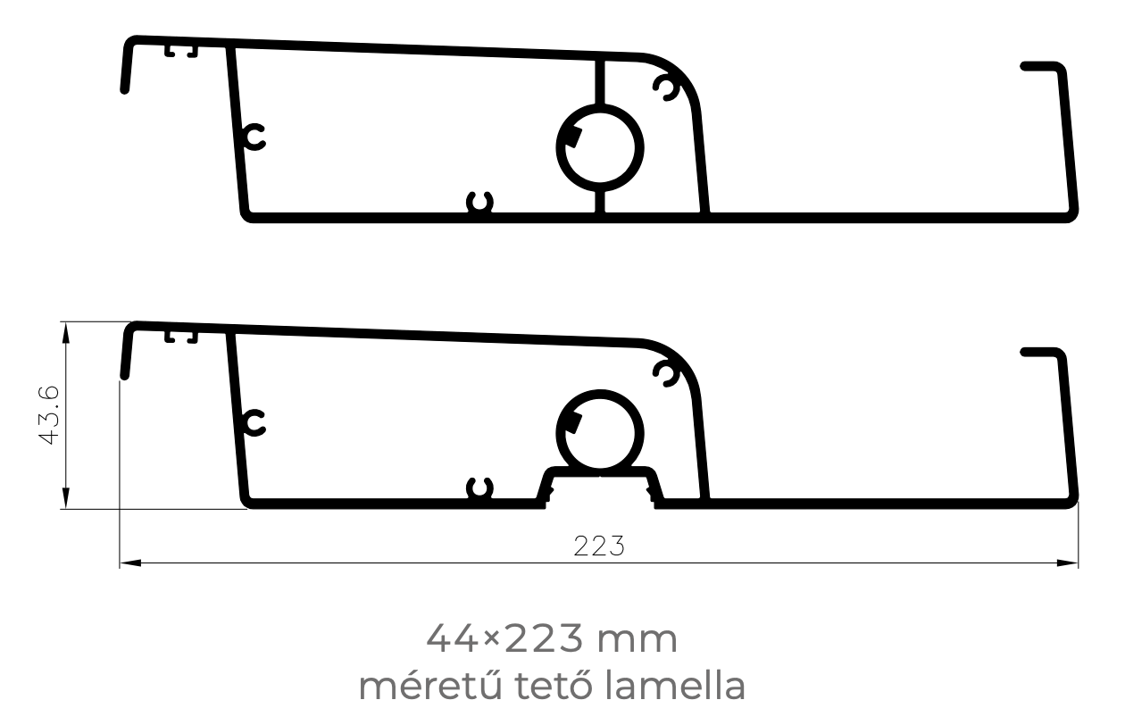 Tetőelem lamella műszaki ábra, 44×223 milliméteres méretekkel bioklimatikus pergolához