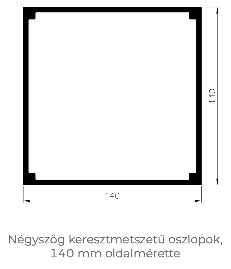 140 mm méretű, szögletes oszlop keresztmetszete masszív bioklimatikus pergola szerkezethez