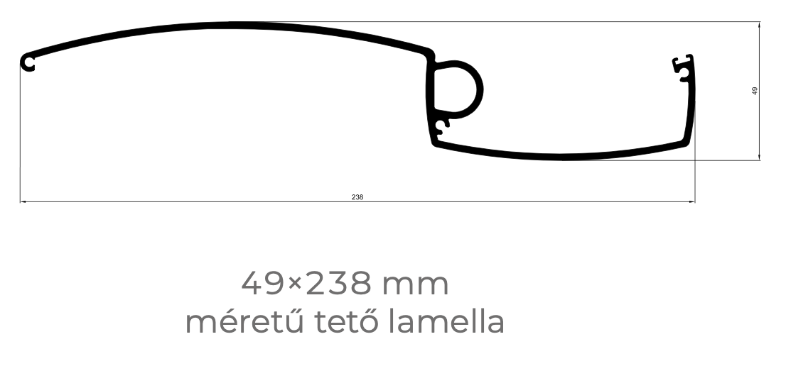 Lamellás tetőelem műszaki ábra, 49×238 milliméteres méretekkel bioklimatikus pergolához