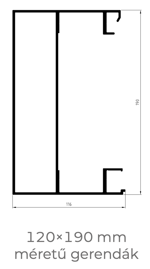 Bioklimatikus pergolához tartozó 120 x 190 milliméter méretű gerendák műszaki rajza.