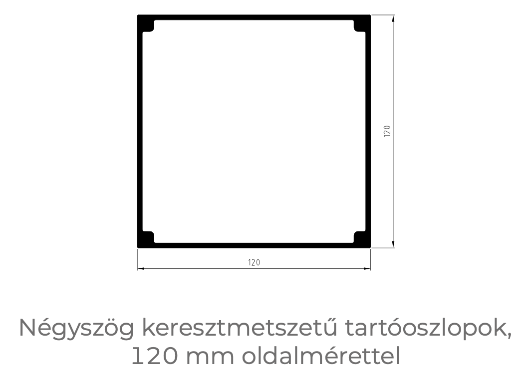 120 mm méretű, szögletes tartóoszlopok keresztmetszete pergola szerkezethez
