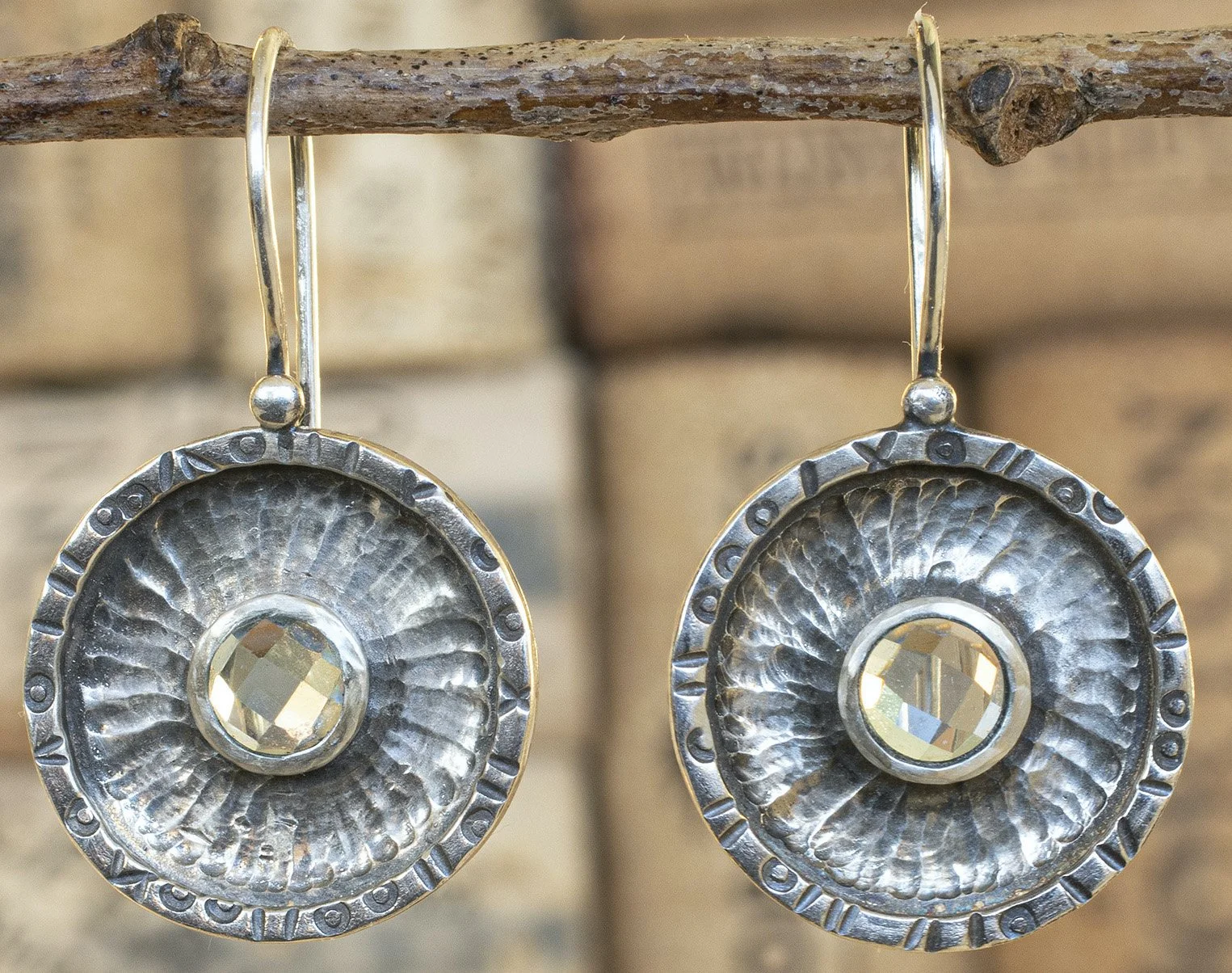 Silver circular earrings with a textured surface and a central faceted gemstone, hanging from a rustic wooden branch.