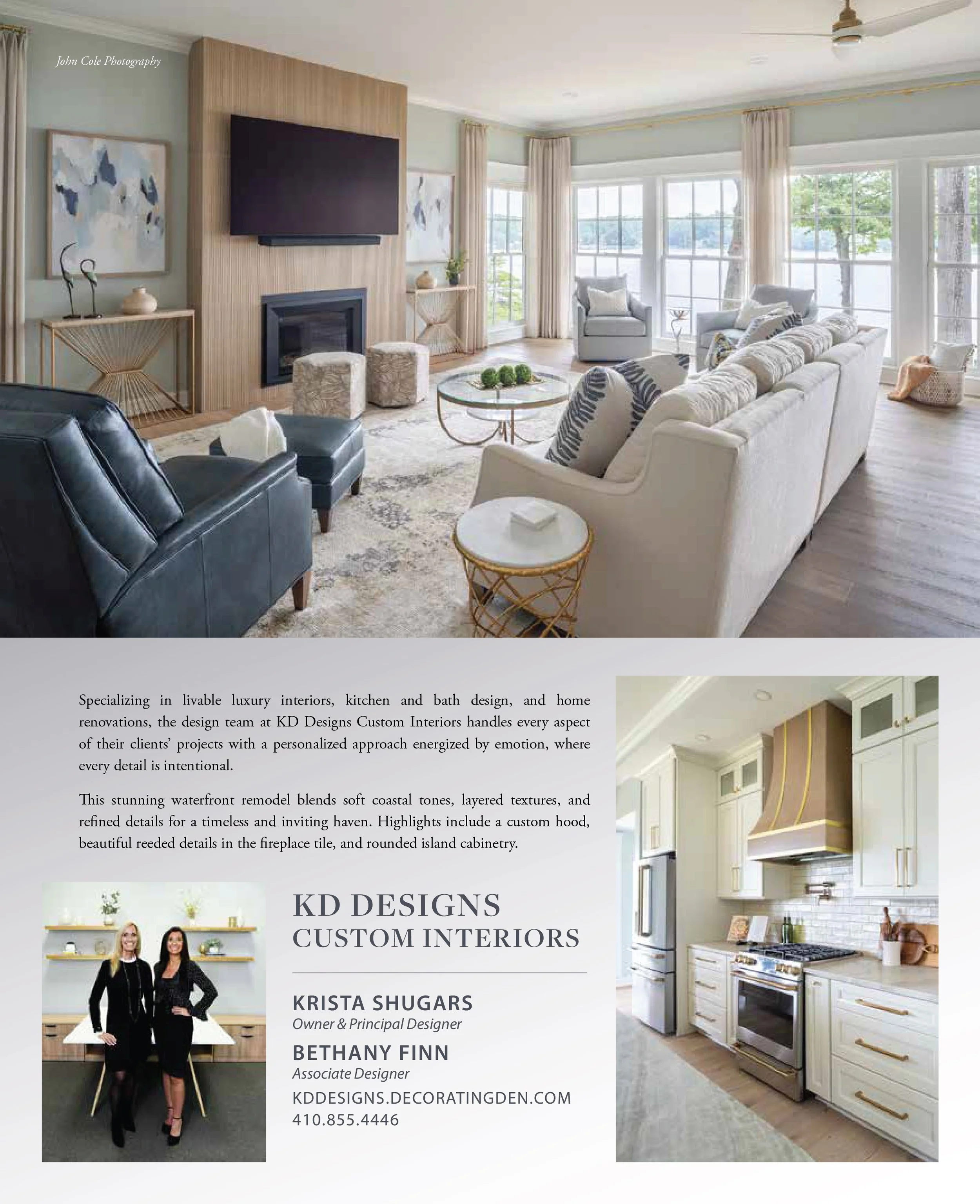 Interior design advertisement featuring a living room designed by KD Design with large windows, a fireplace, and modern furniture, and a kitchen with white cabinetry and stainless steel appliances.