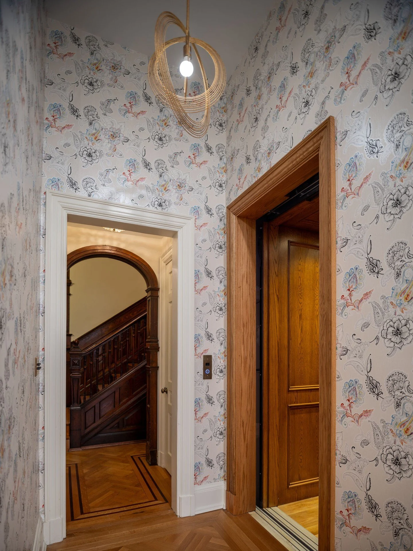 When your home has an elevator, the journey deserves glamour too&hellip; custom millwork and luxe wallpaper with a beautiful light fixture are the perfect elements for this space! #KDDesigns #CustomInteriors #CustomFurnishings #CustomFabrics #Interio