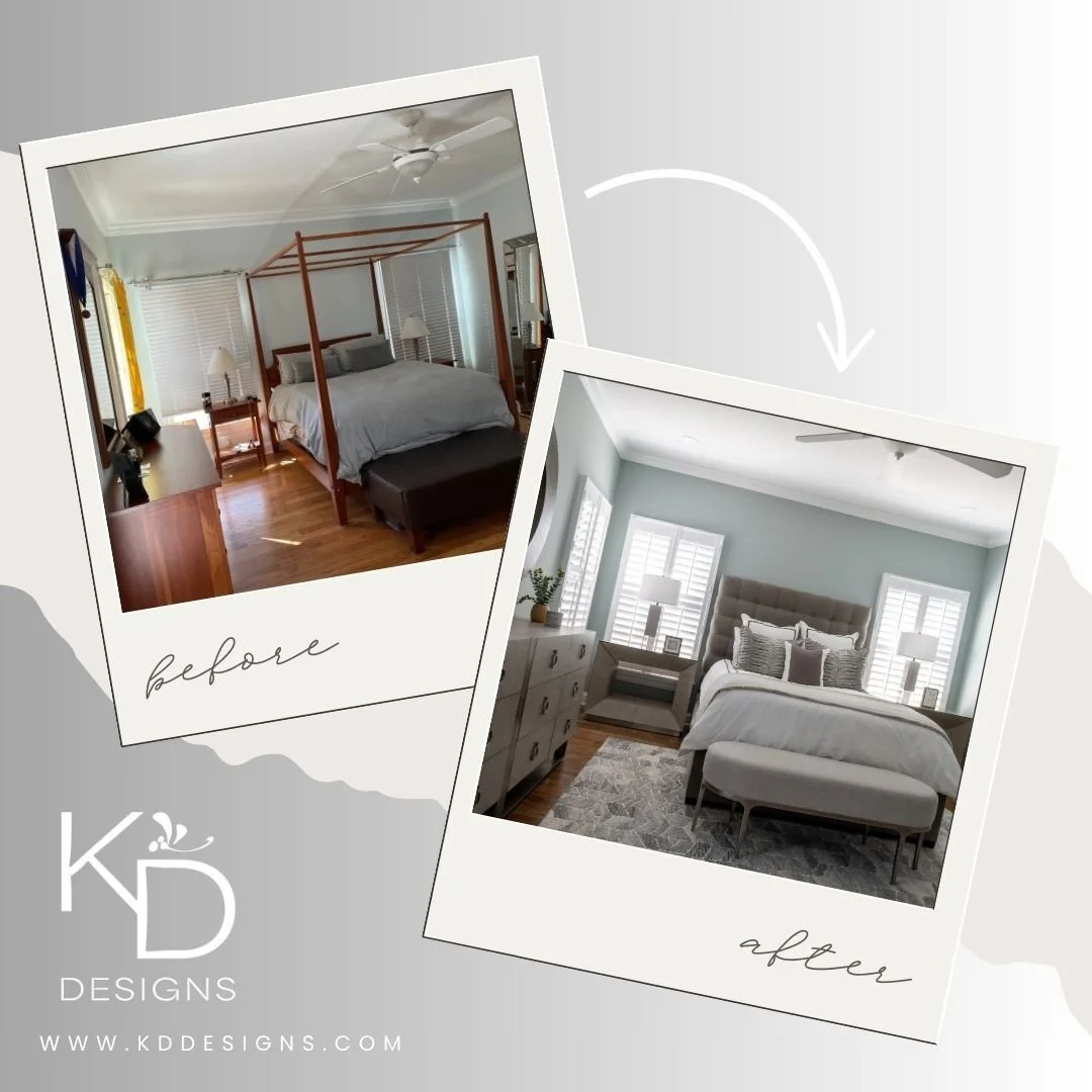 Out with the old, in with the wow! We reimagined this bedroom with elegant finishes, plush textiles, and a carefully curated mix of colors and patterns&mdash;turning it into the ultimate cozy retreat.  #KDDesigns #CustomInteriors #CustomFurnishings #