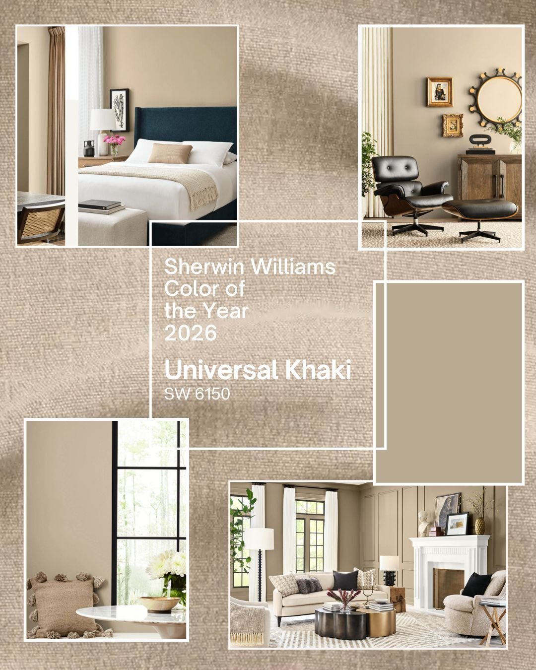 Meet Sherwin‑Williams&rsquo; Color of the Year 2026: Universal Khaki. Earthy and timeless, this mid-tone tan is a reliable choice for common areas. Pair it with white for a classic look, or set it off with more saturated colors. #ColorOfTheYear #Univ