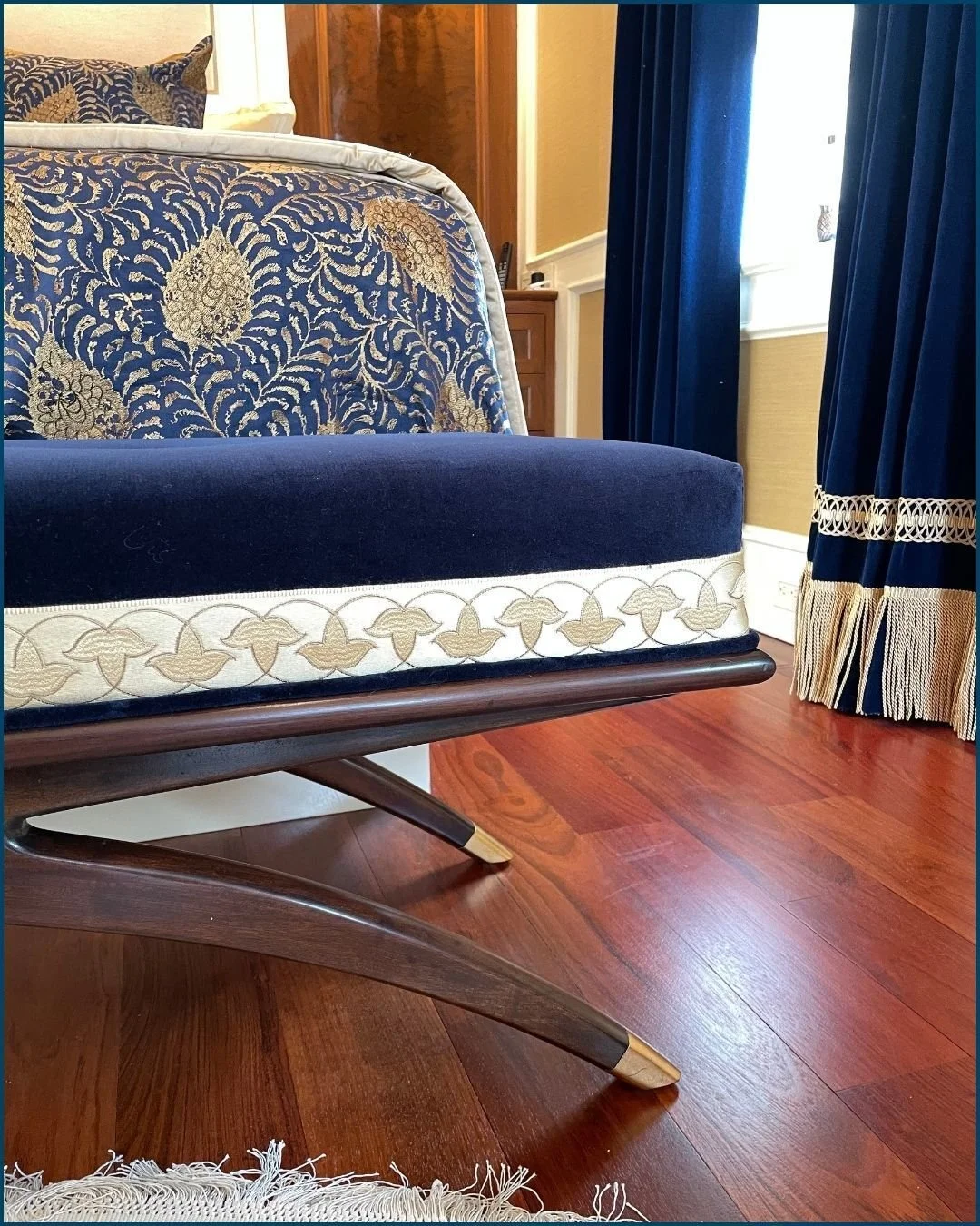 Velvet and gold set the tone as blue dreams and mid-century lines create a sophisticated sanctuary&mdash;where comfort is curated and elegance is everything. #KDDesigns #CustomInteriors #CustomFurnishings #CustomFabrics #BedroomDesign #InteriorDesign