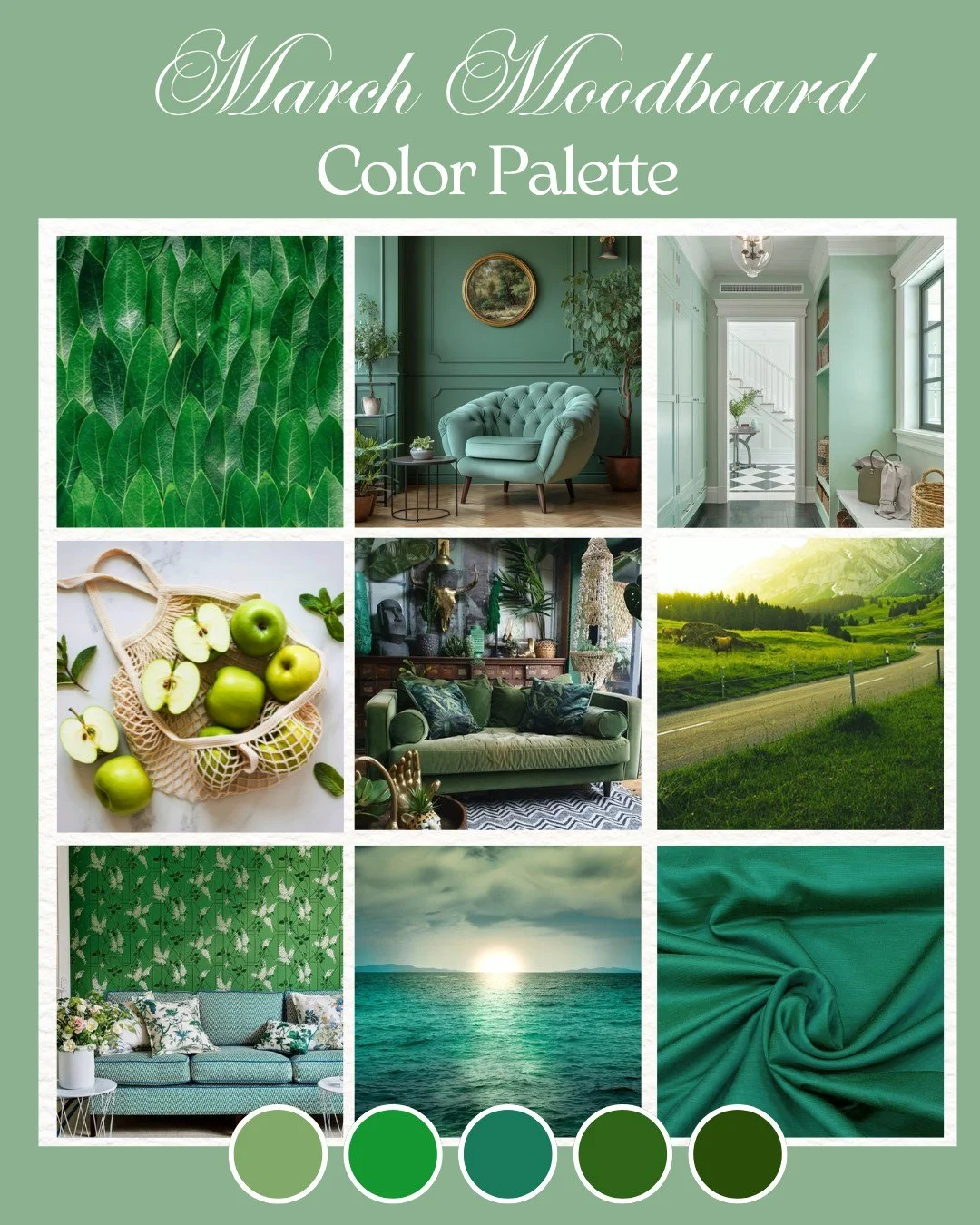 March design mood: layered greens infusing every space with life, tranquility, and a sense of renewal. #KDDesigns #CustomInteriors #MarchMoodboard #DesignInspo #DesignMood #InteriorDesign