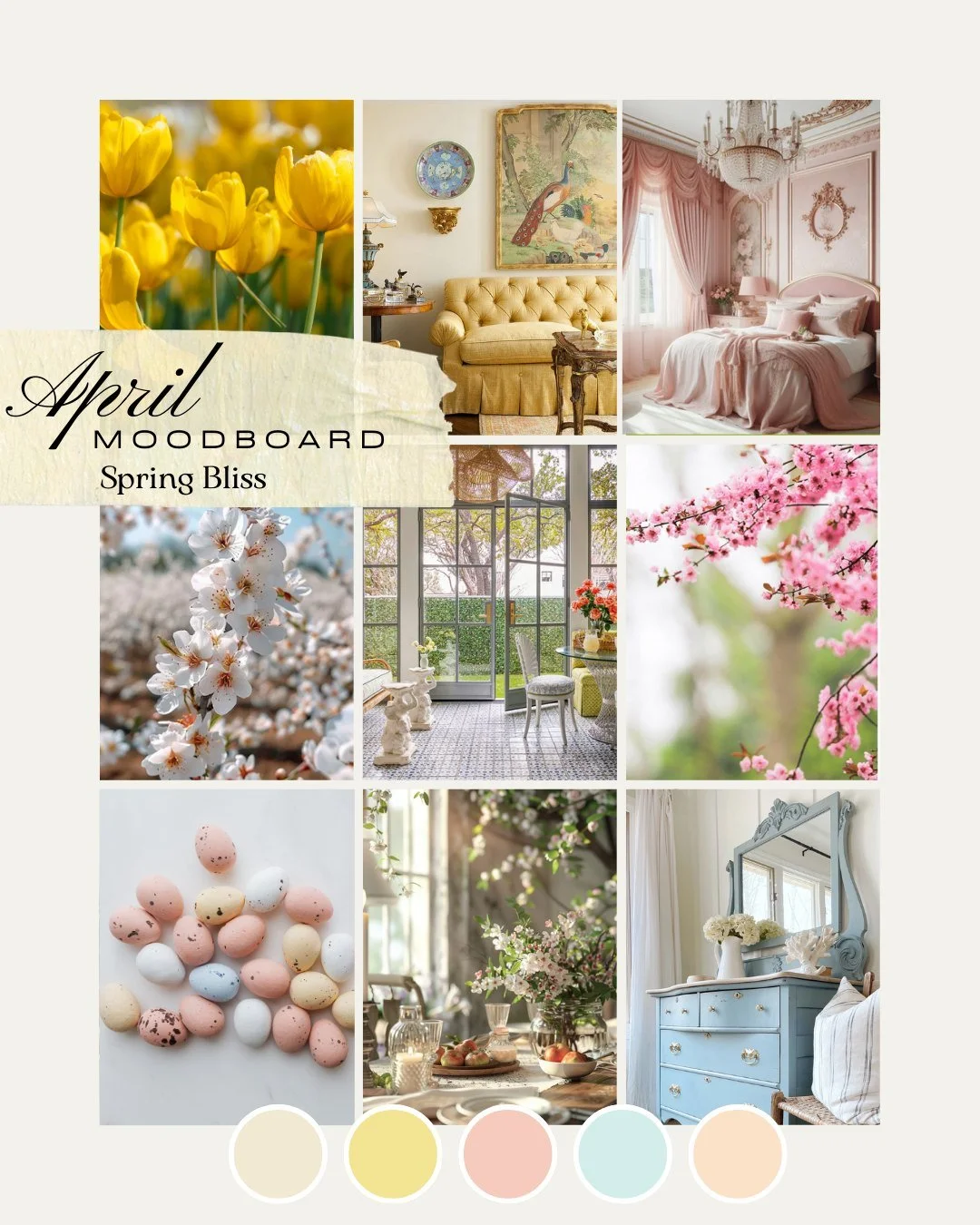 April moodboard: colors inspired by budding trees, fresh air, and the gentle shift into spring. #KDDesigns #CustomInteriors #AprilMoodboard #SpringIsInTheAir #DesignInspo #DesignMood #InteriorDesign