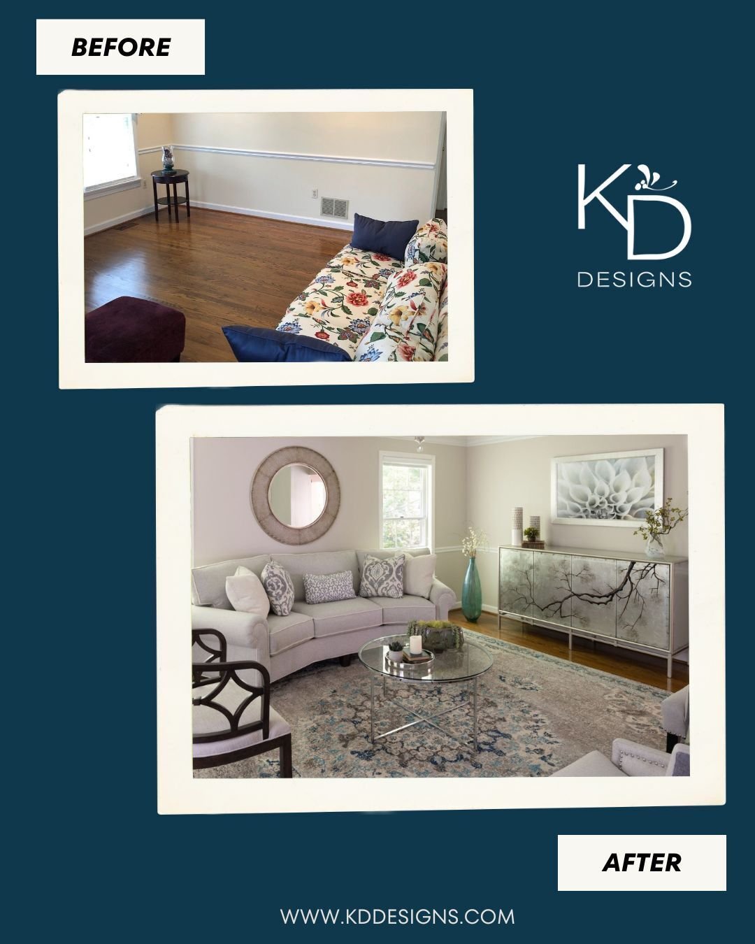 This formal living room got a fresh update! Using a soothing palette of cream, seafoam, and blue, we added a curved conversation sofa, carved accent chairs, and a beautiful hand-painted credenza. Traditional, inviting, and perfect for family conversa